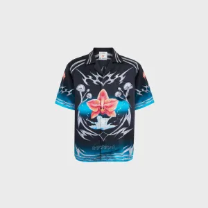 Casablanca Cuban Collar Short Sleeve Shirt - Black Convertible Style Sleek Comfort