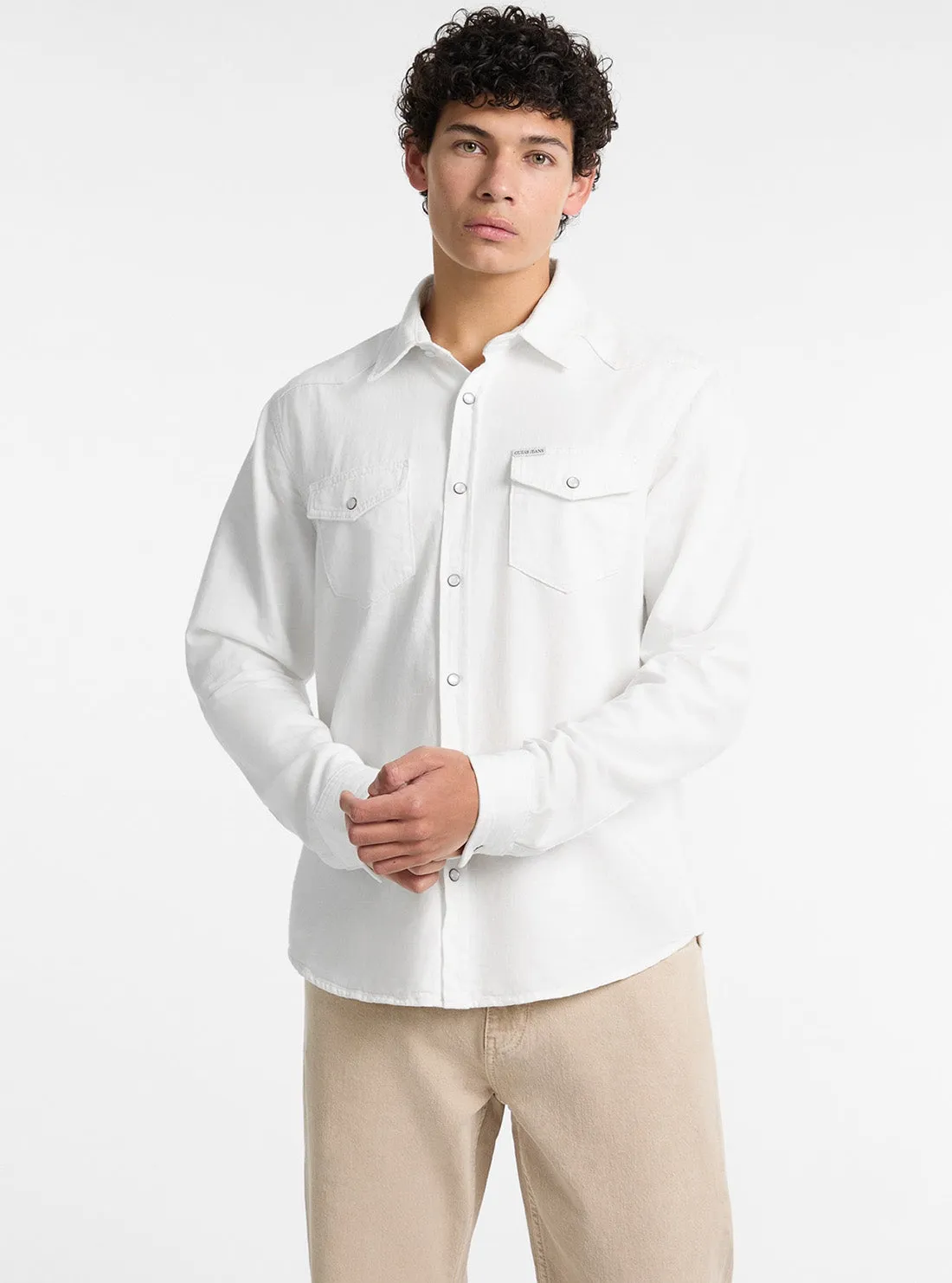 Work-to-Weekend Guess Jeans Eco White Slim Denim Twill Shirt