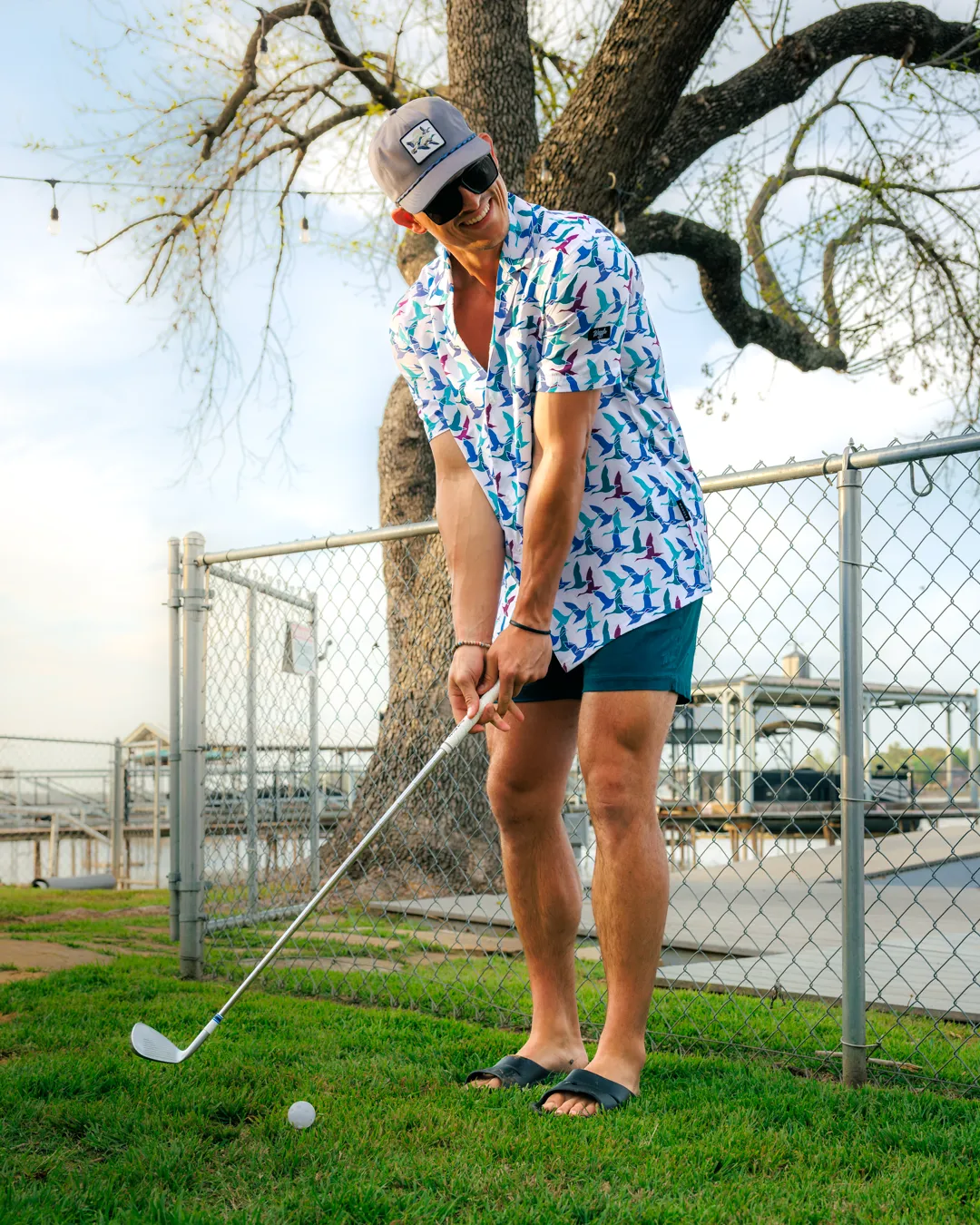 Breathable Lining Button front Flying V Men's Button-Down Camp Shirt