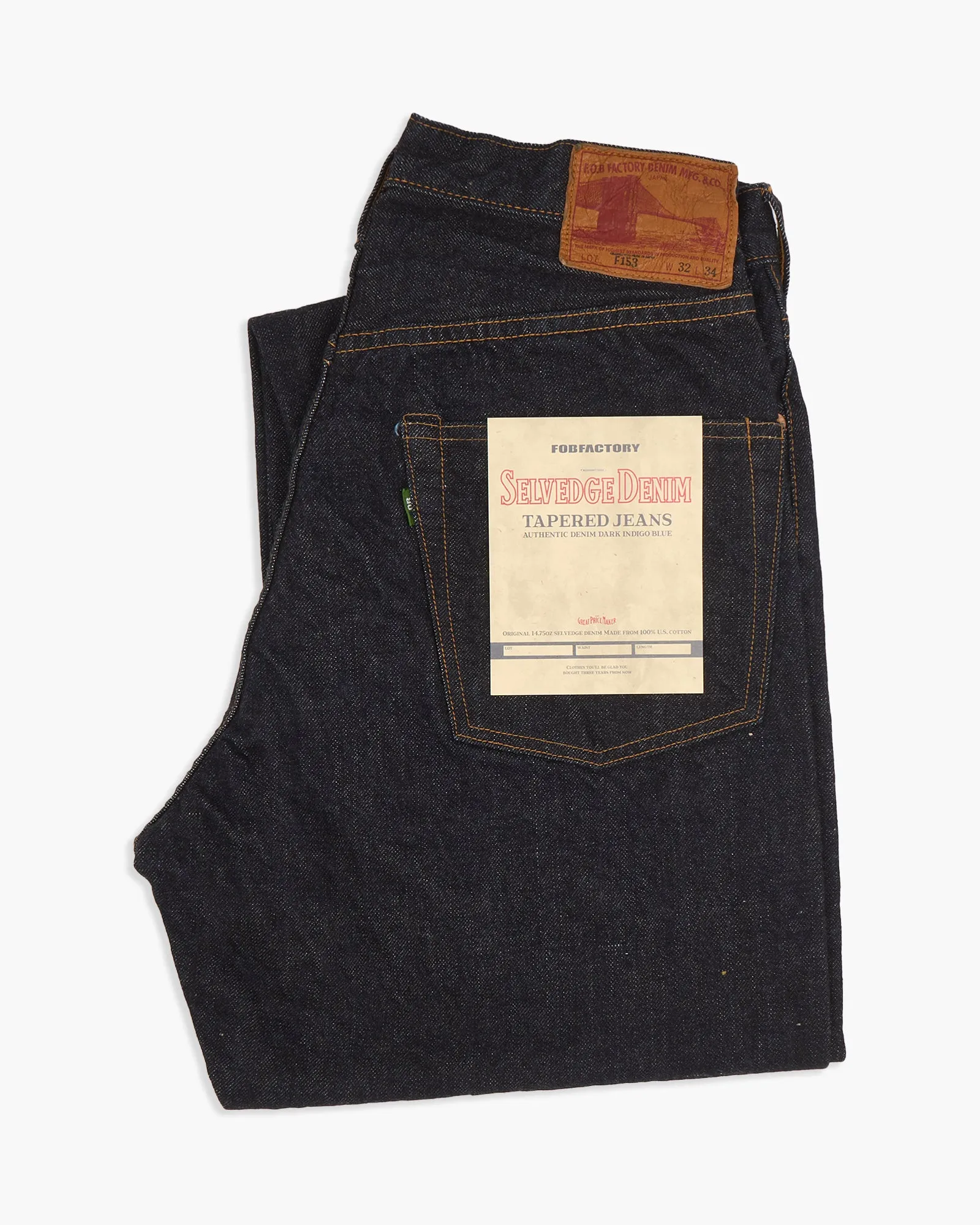 Mid Rise Structure FOB Factory F153 14.75oz Supima Selvedge Denim Tapered Mens Jeans - Onewash
