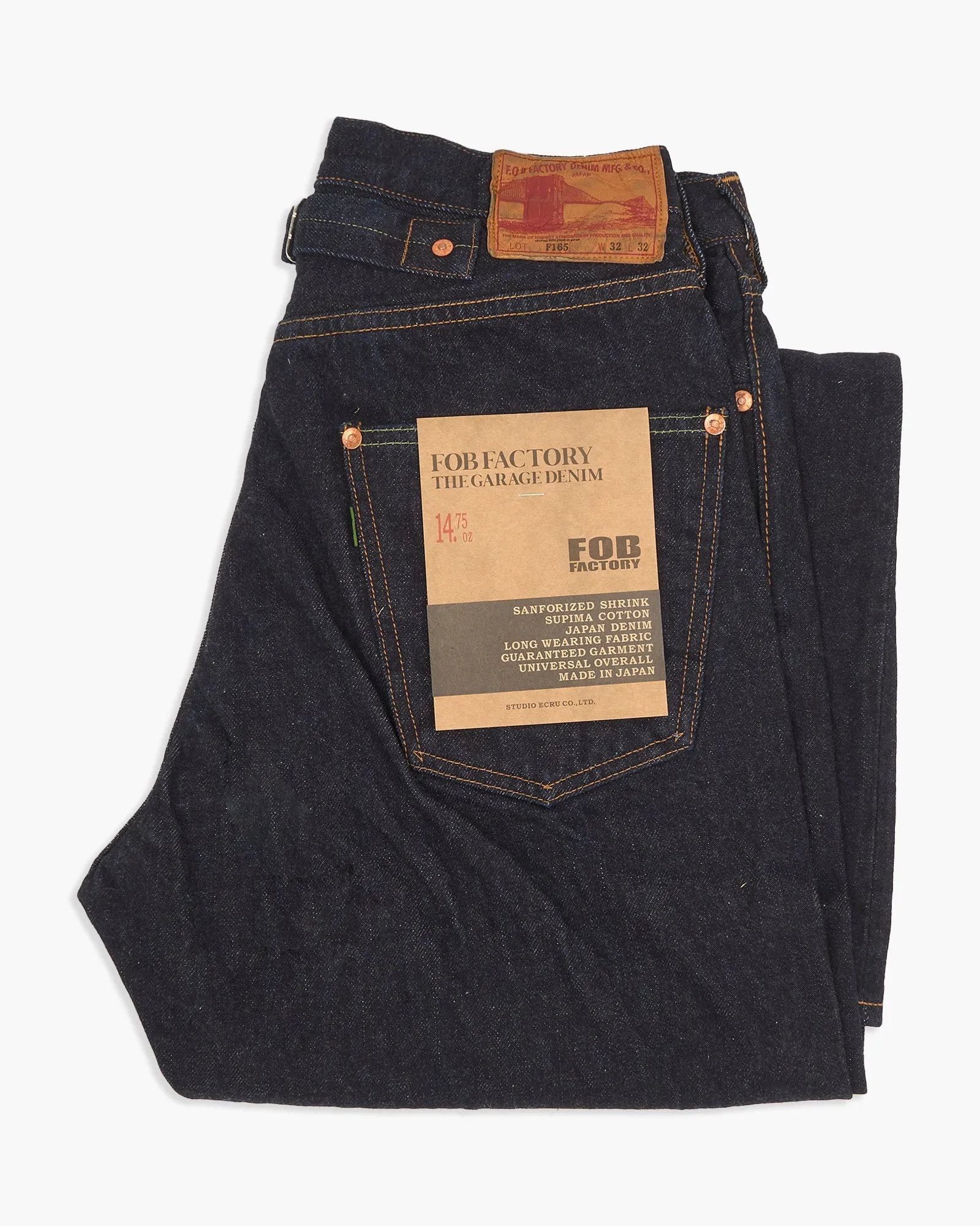 Breathable Feel FOB Factory F165 14.75oz Supima Selvedge XX Garage Denim Relaxed Tapered Mens Jeans - Onewash