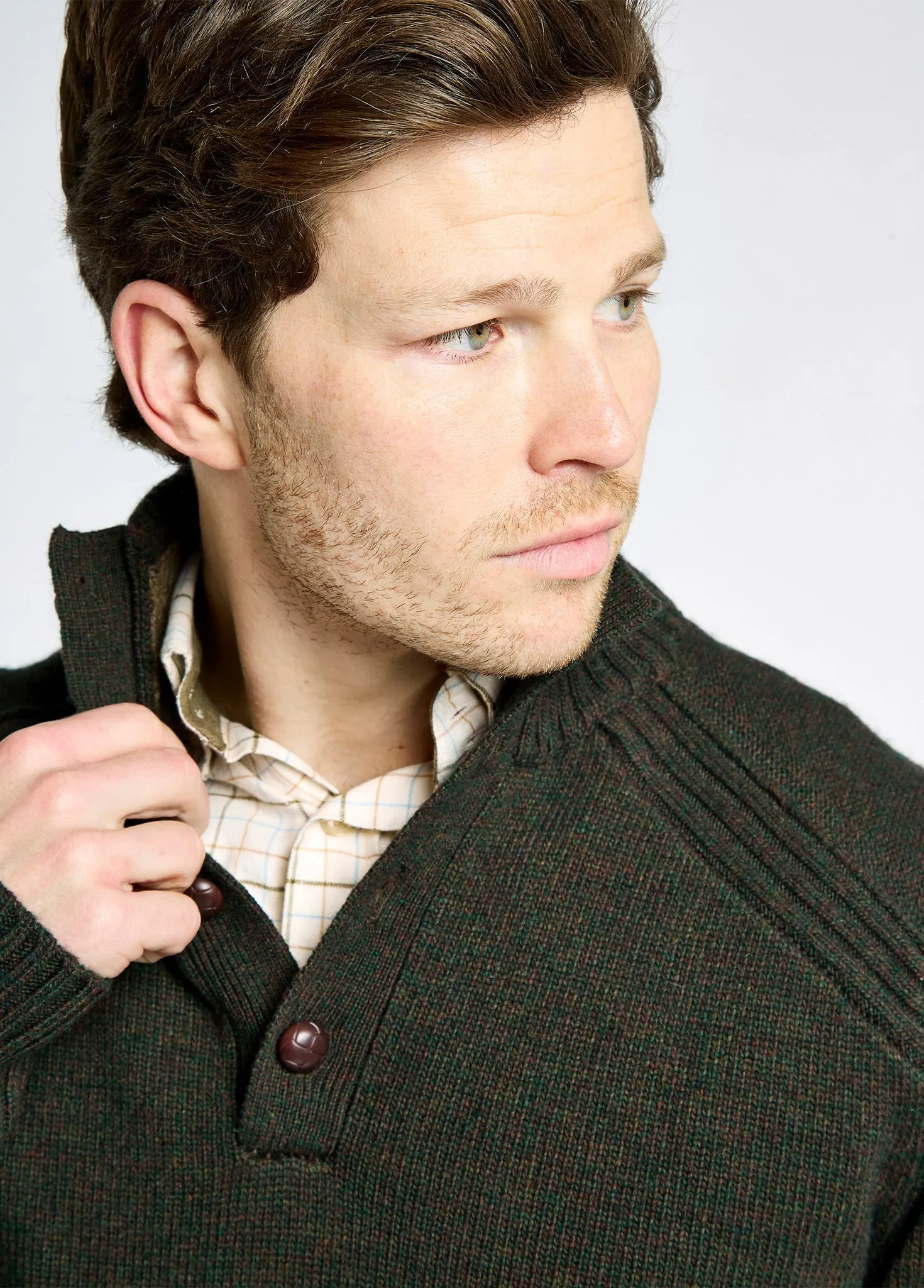 Shields Men??s button neck sweater - Olive Cold Weather Wear Evening Glow