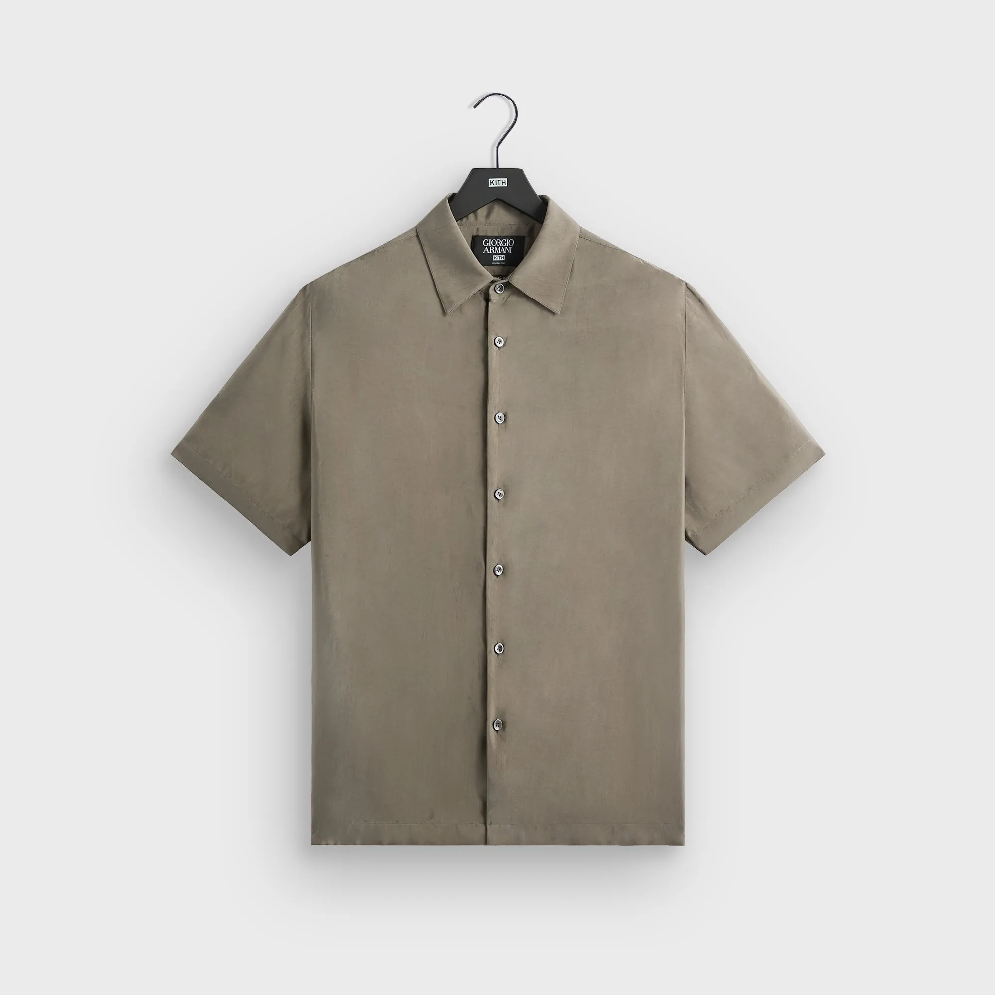 Neutral Street Style Giorgio Armani & Kith Silky Short Sleeve Button Up - Gravel