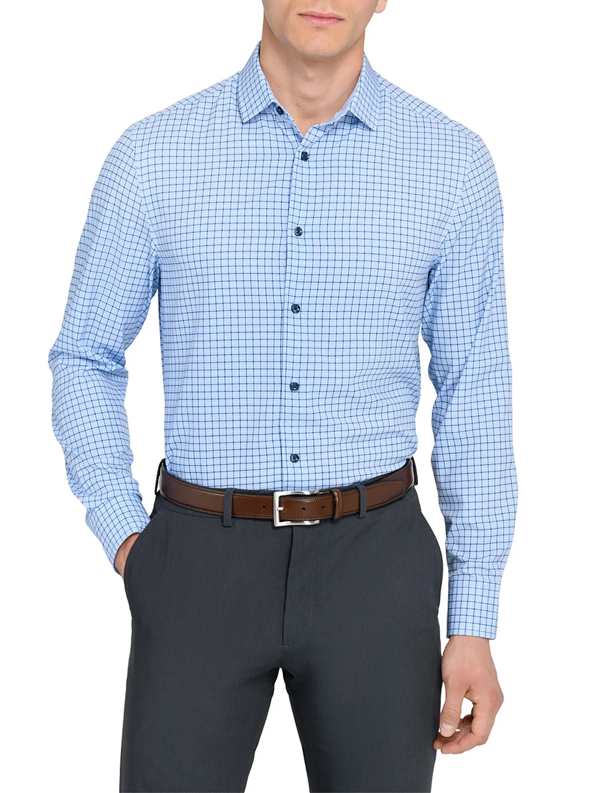 GRID SQUARE PLAID PERFORMANCE DRESS SHIRT Anti Pilling Treatment