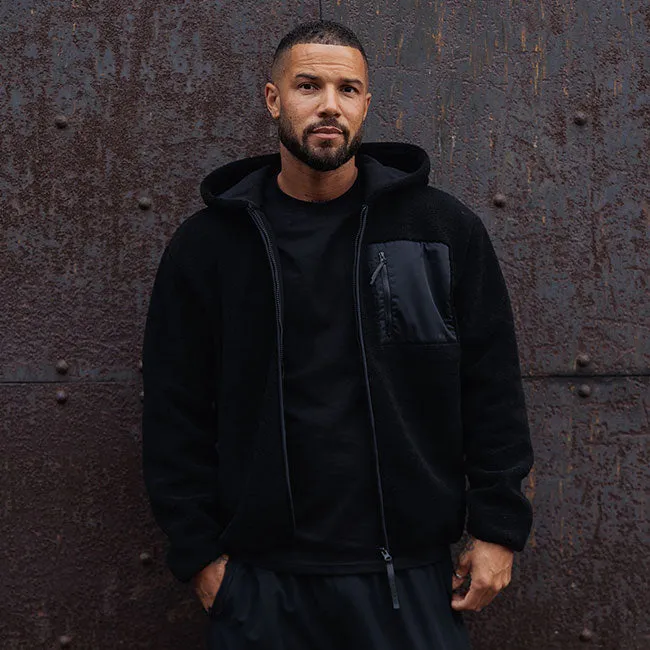 Vegan Fabric Multi Pocket Utility Gym King Linear Full Zip Borg Jacket - Black