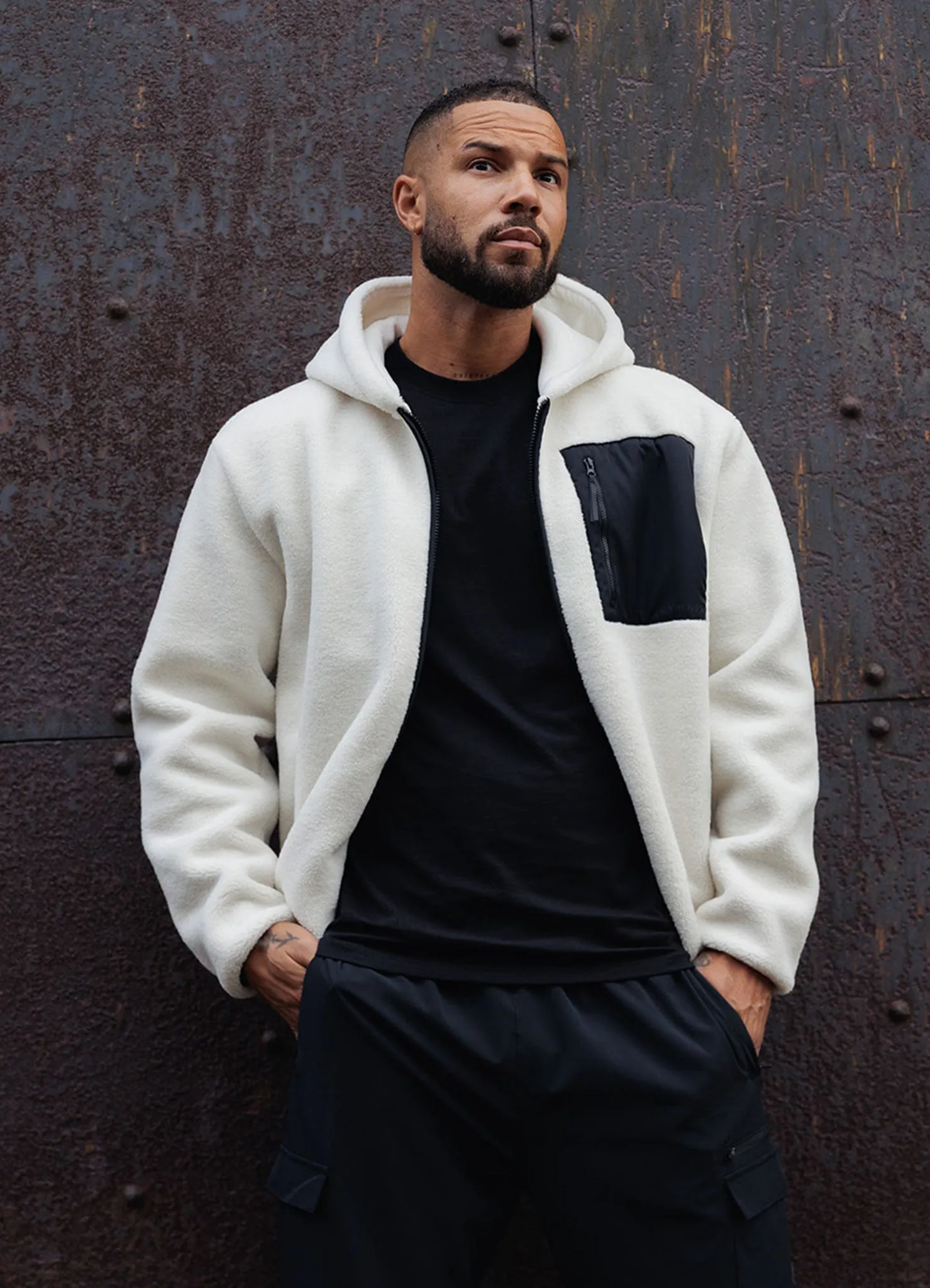 Gym King Linear Full Zip Borg Jacket - Cream Cold Day Look