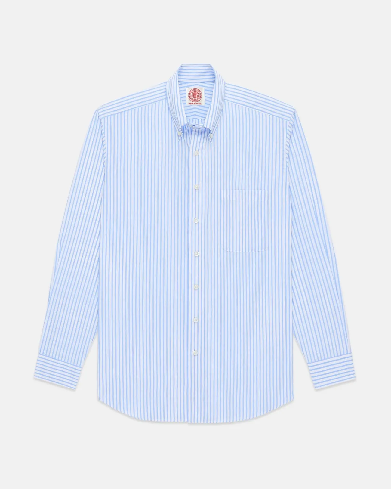 Made-in-Canada Light Blue Butcher Stripe Broadcloth Button Down Shirt - Classic Fit Reinforced Hems