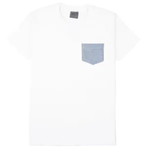 Pocket Tee - White - Dobby Patchwork - Pale Blue Double Stitched Hem