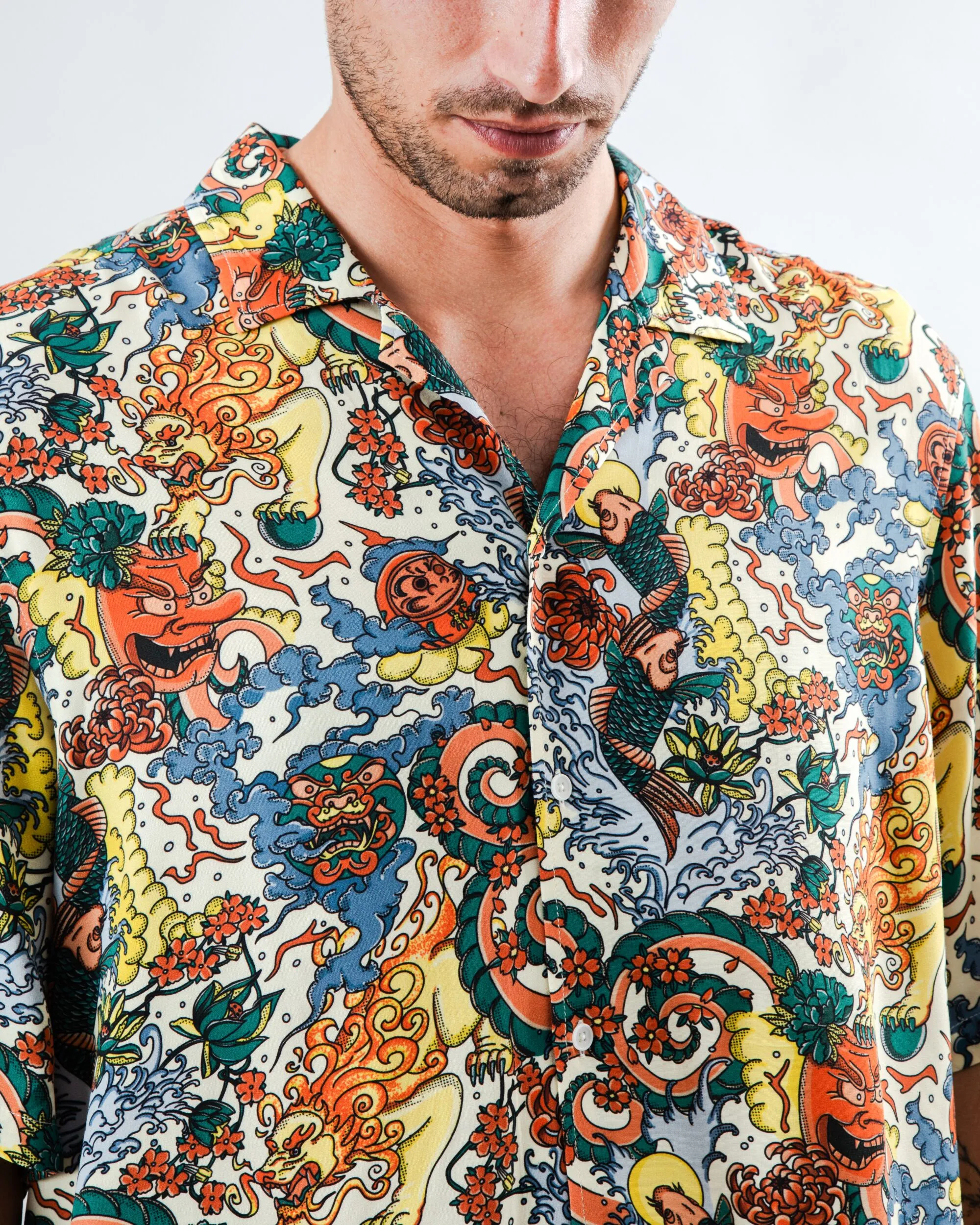 Stretchable Cloth Irezumi Tattoo Aloha Shirt Ecru