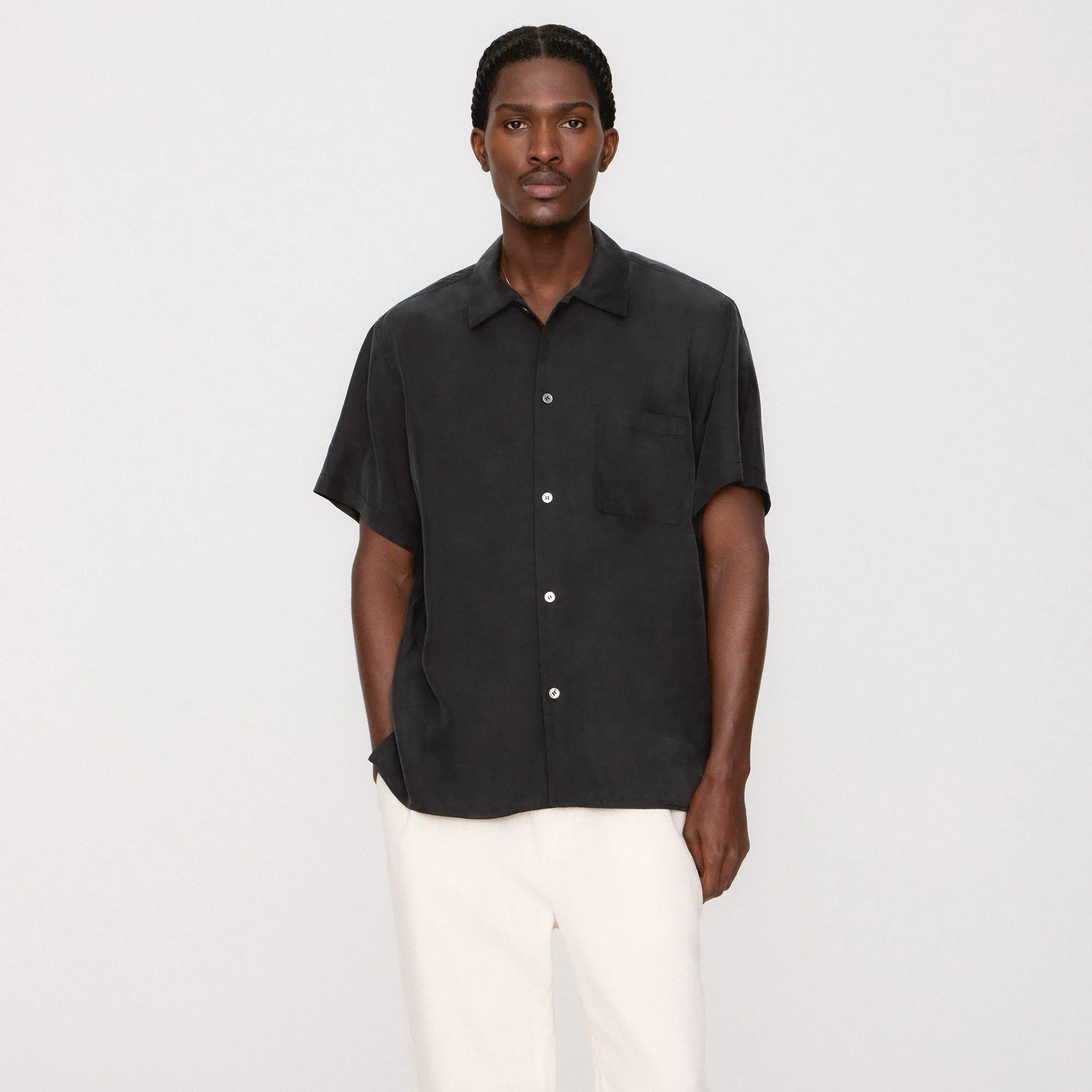 Seamless Shoulder Construction &Kin Silk Habotai Beckham Buttondown - Black