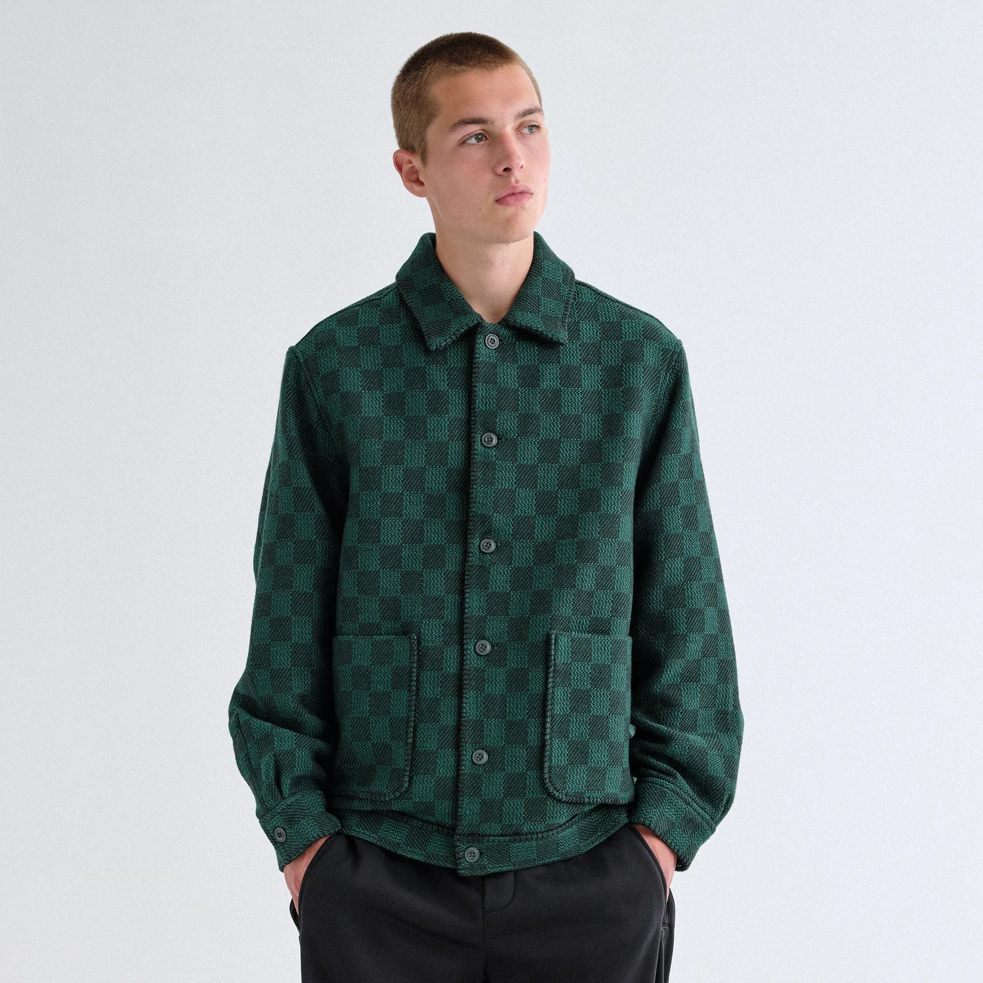 Kith Check Boucle Boxy Collared Overshirt - Ivy Green Hooded styles