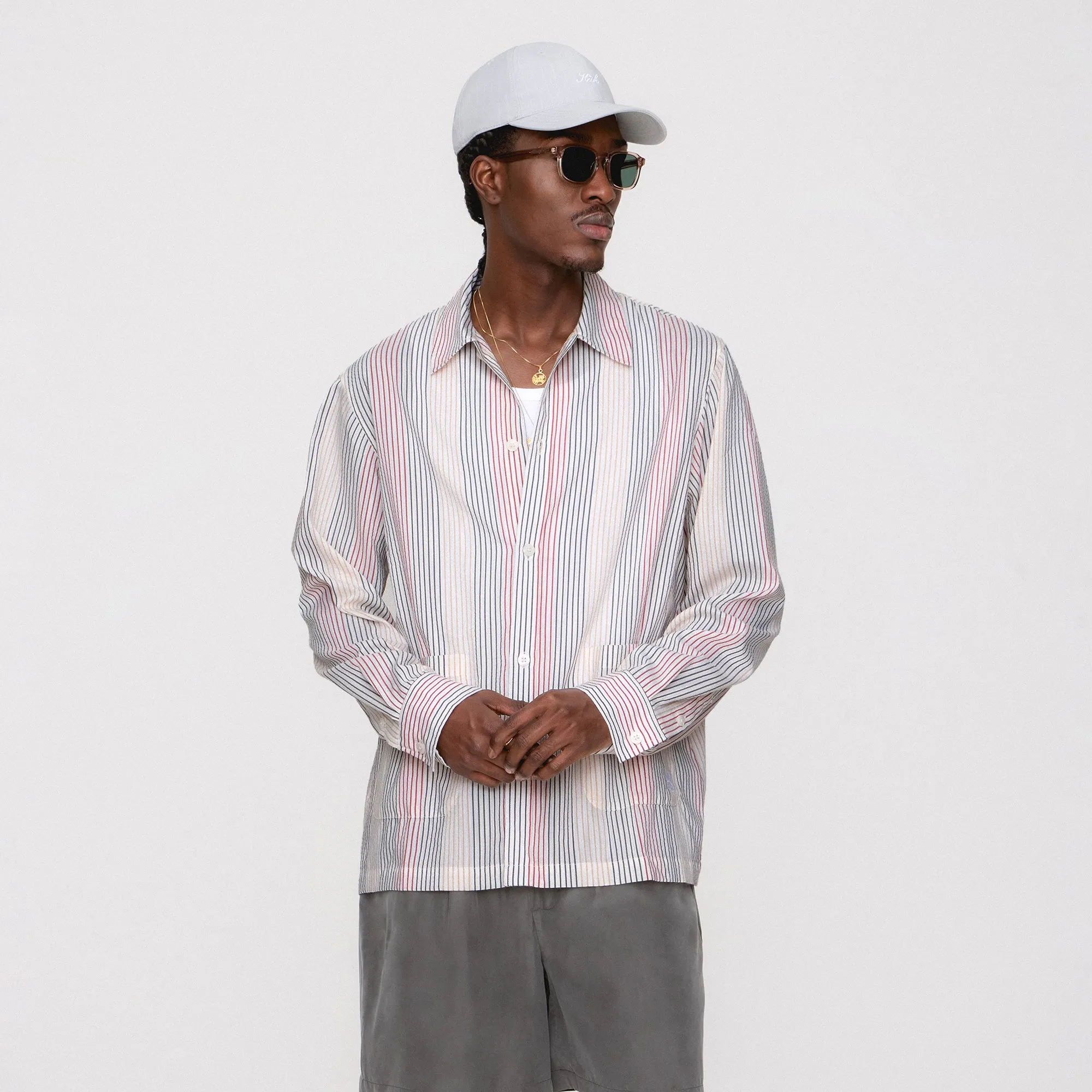 Roll Up Storage Design Kith Seersucker Long Sleeve Boxy Collared Overshirt - White