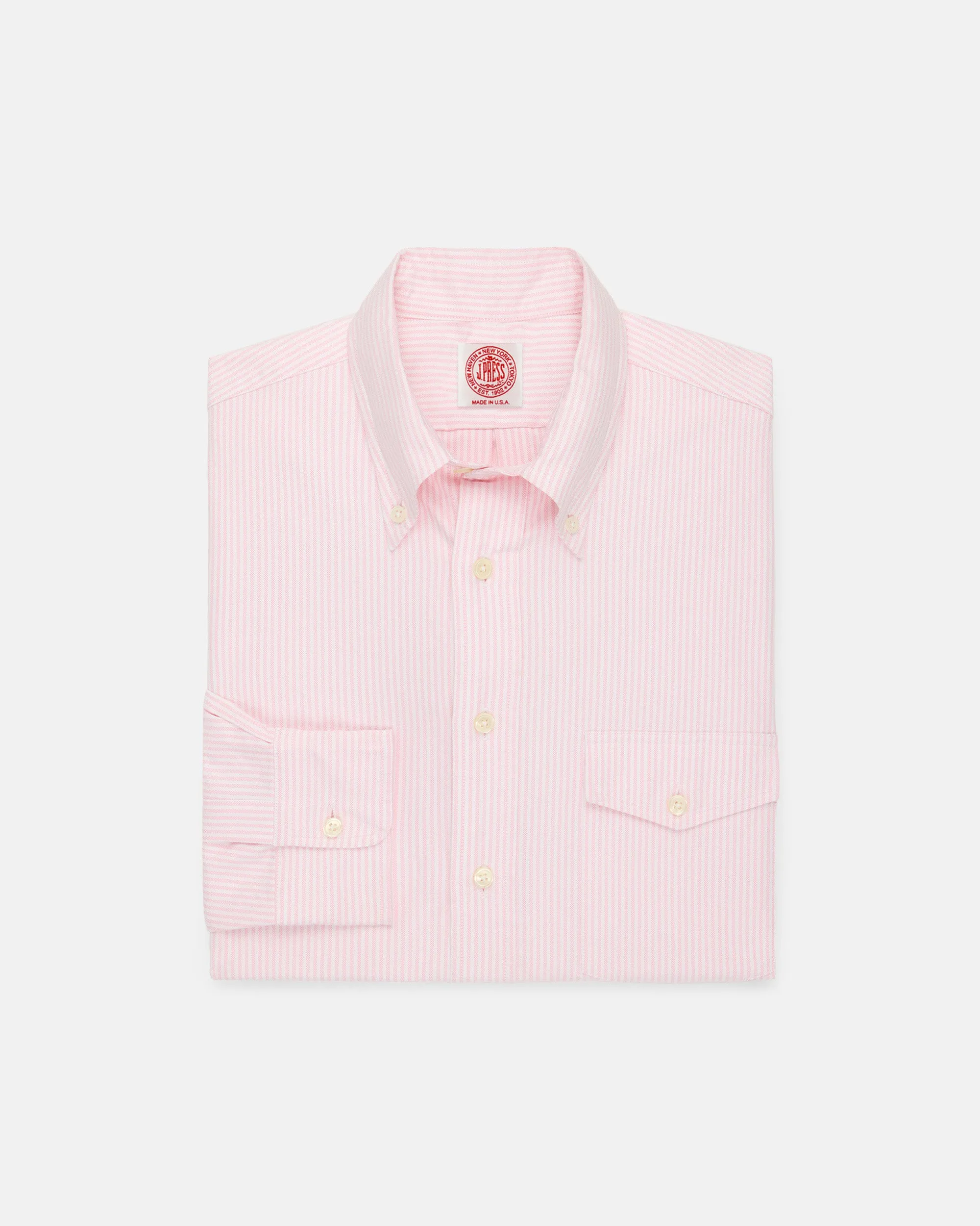 Minimalist Closure Youthful Vibe Made-in-USA Flap Pocket Pink University Stripe Oxford Cloth Shirt - Classic Fit