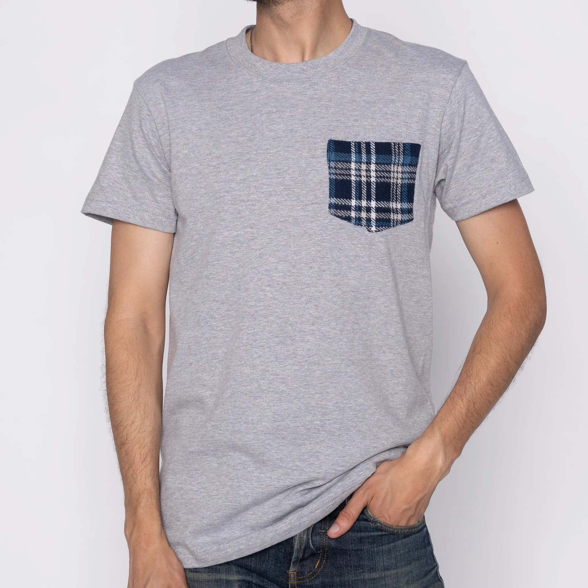 Low Profile Collar Pocket Tee - Heather Grey   Triple Yarn Twill Check Brush - Navy