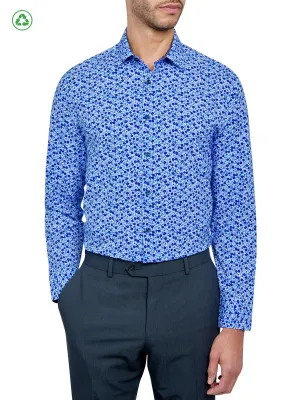 Workwear Style Layered Look BLUE FLORAL PERFORMANCE DRESS SHIRT