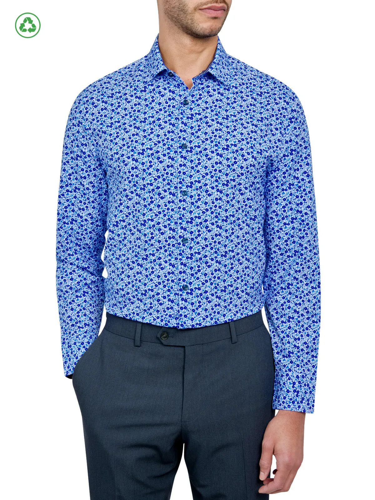 Workwear Style Layered Look BLUE FLORAL PERFORMANCE DRESS SHIRT