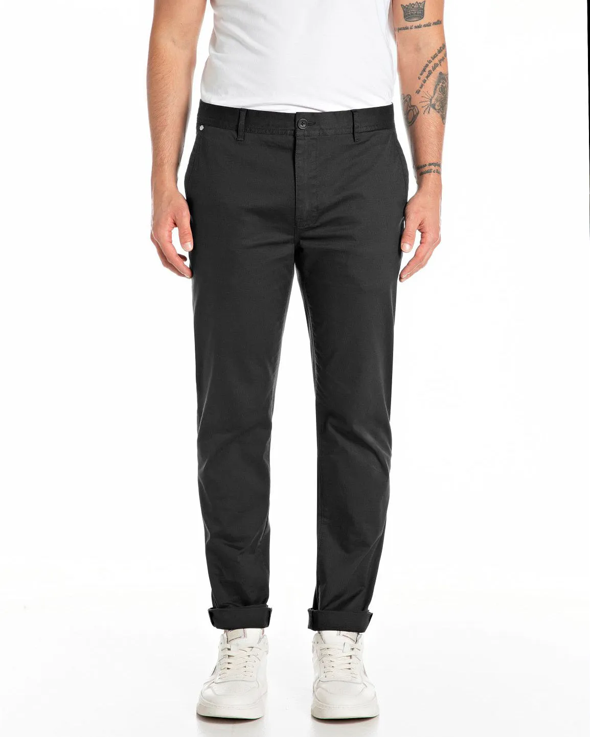 Replay Damian Regular Slim Mens Twill Trousers - Black Go To Outfit Double Layered Knees