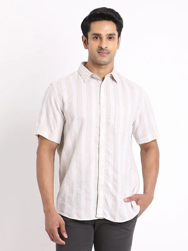 Minimalist Aesthetic Men Striped Half Sleeve Linen Blend Shirt