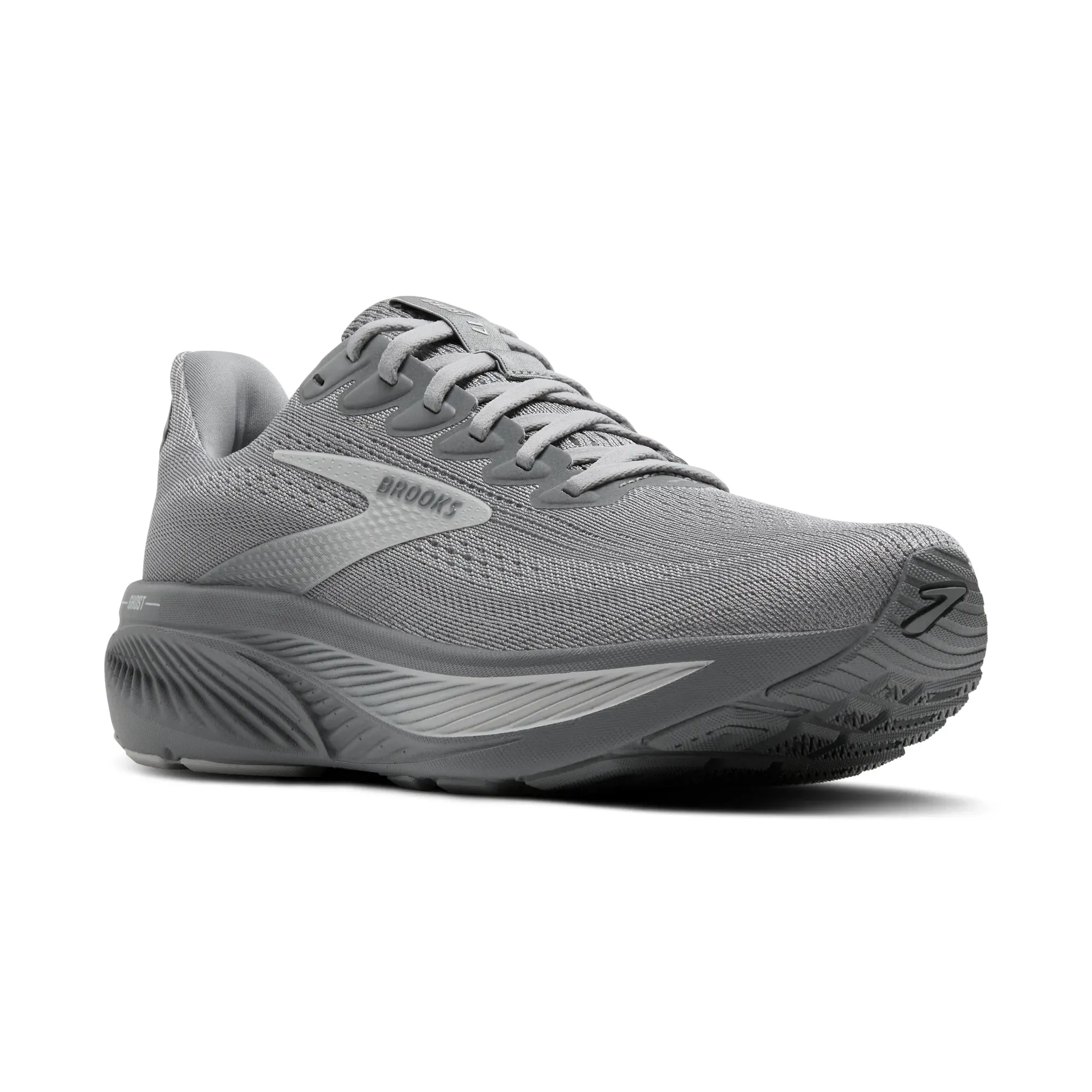 Traction Lug Non Slip Tread Pattern Men's Brooks Ghost 17 Road Running Shoe in Primer Gray/Oyster Mushroom
