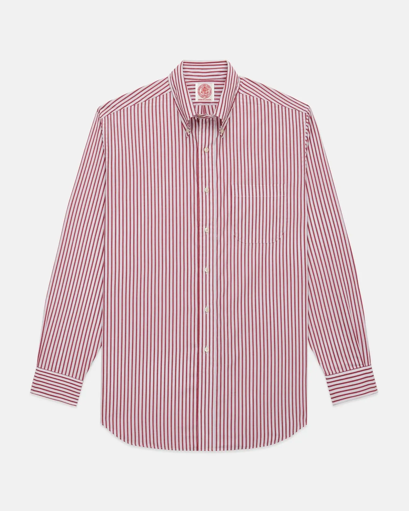 Lakeside Relaxation Adjustable Cuffs Made-in-Canada Dark Red Butcher Stripe Broadcloth Button Down Shirt - Classic Fit