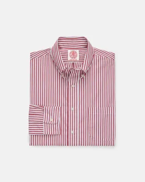 Made-in-Canada Dark Red Butcher Stripe Broadcloth Button Down Shirt - Classic Fit Neutral Shade Roomy Cut