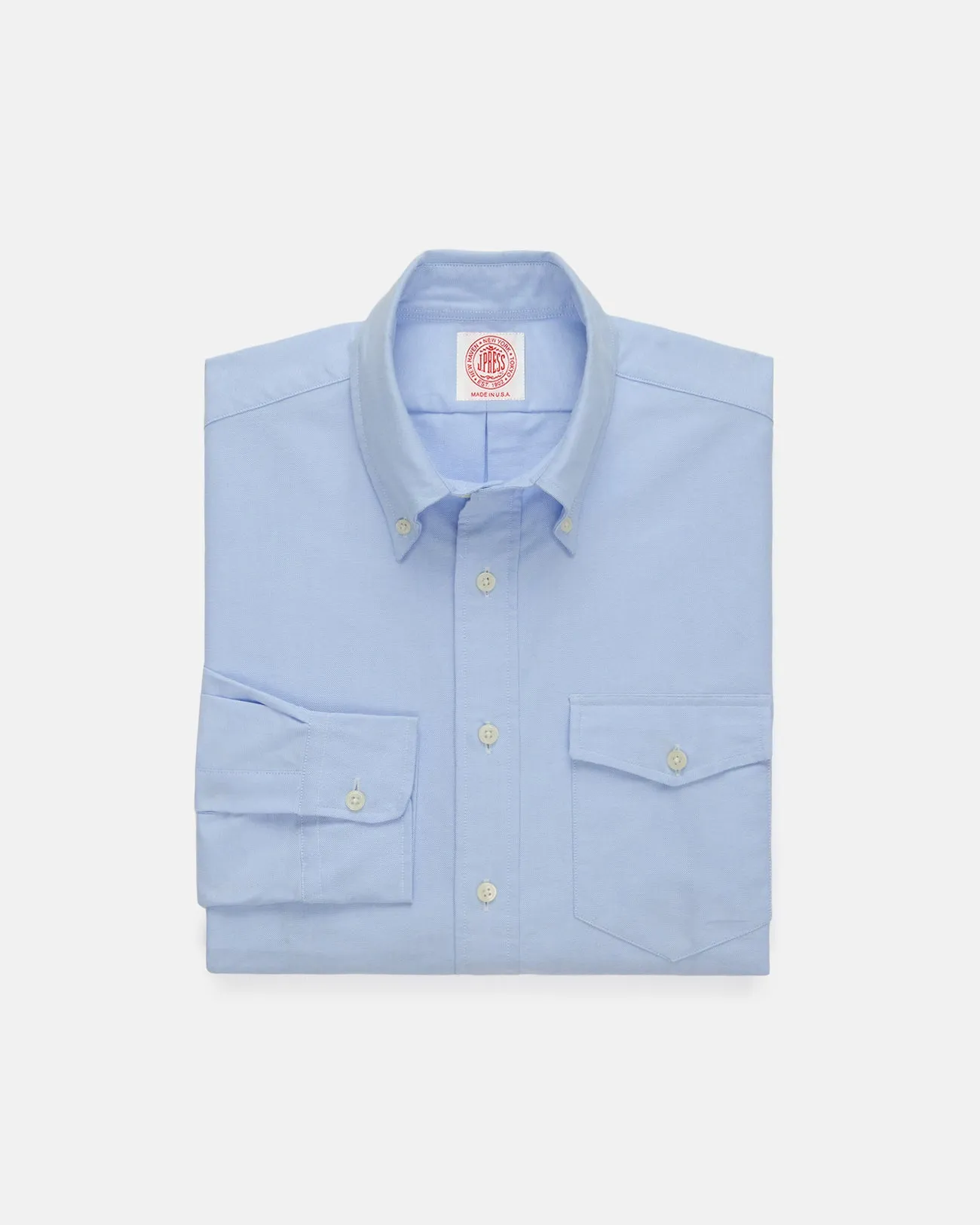 Made-in-USA Flap Pocket Blue Oxford Cloth Button Down Shirt - Classic Fit crew neck No Slip Shoulder Grip