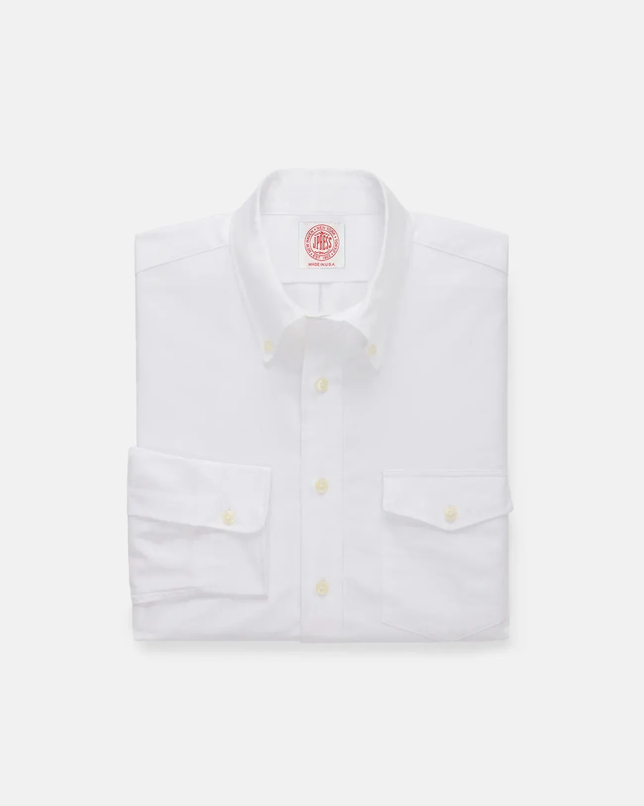 Trendy Look Comfy Design Made-in-USA Flap Pocket White Oxford Cloth Button Down Shirt - Classic Fit