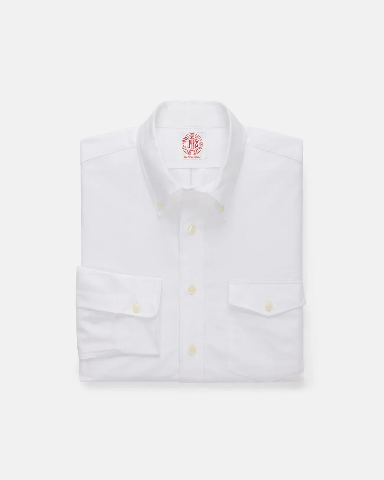 Smart Casual Wear Made-in-USA Flap Pocket White Oxford Cloth Button Down Shirt - Regular Fit