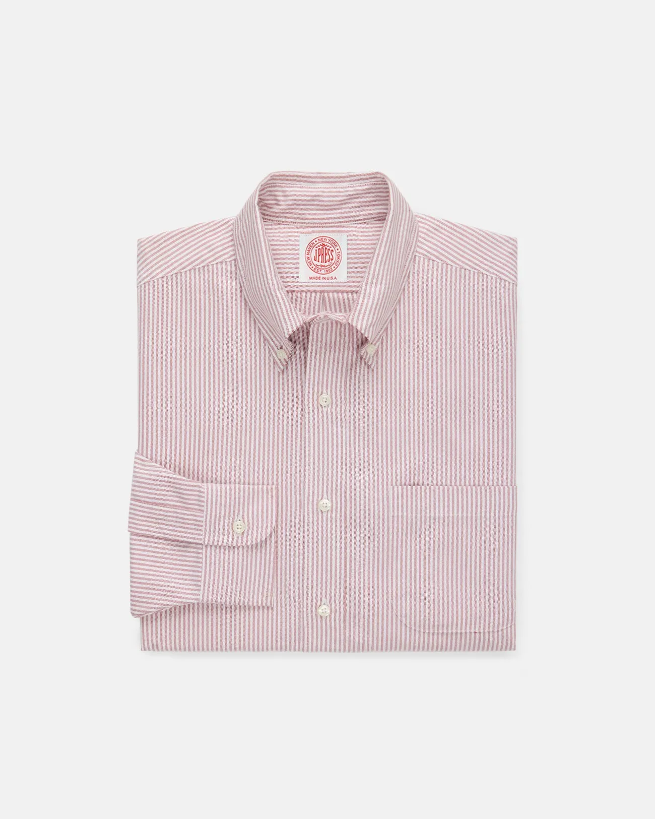 Made-in-USA Red University Stripe Oxford Dress Shirt - Classic Fit Anti Static Finish Odorless Binding Tape