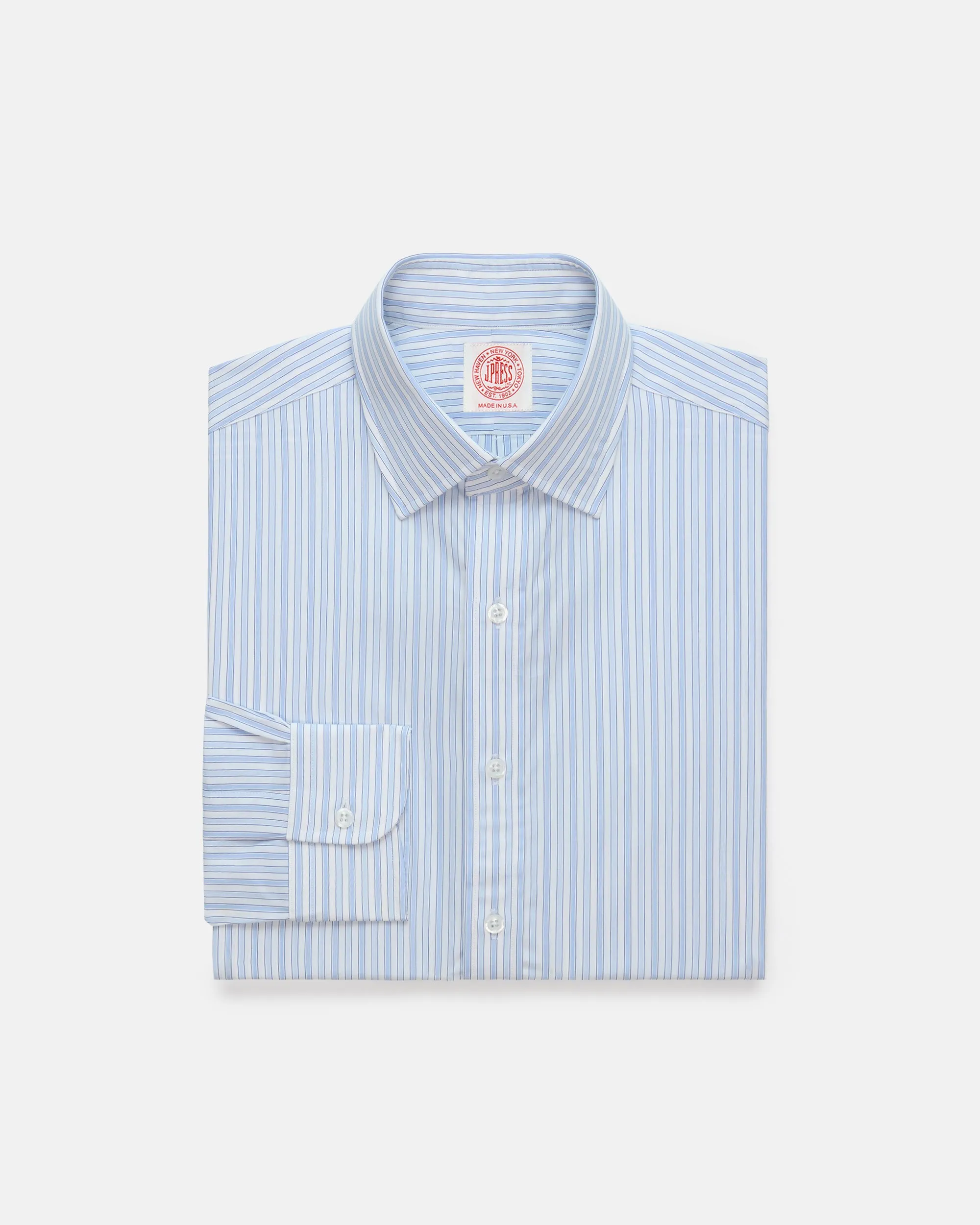 Made-in-USA Thomas Mason Blue Shadow Stripe Poplin Dress Shirt - Regular Fit Layered Sleeve Cuffs
