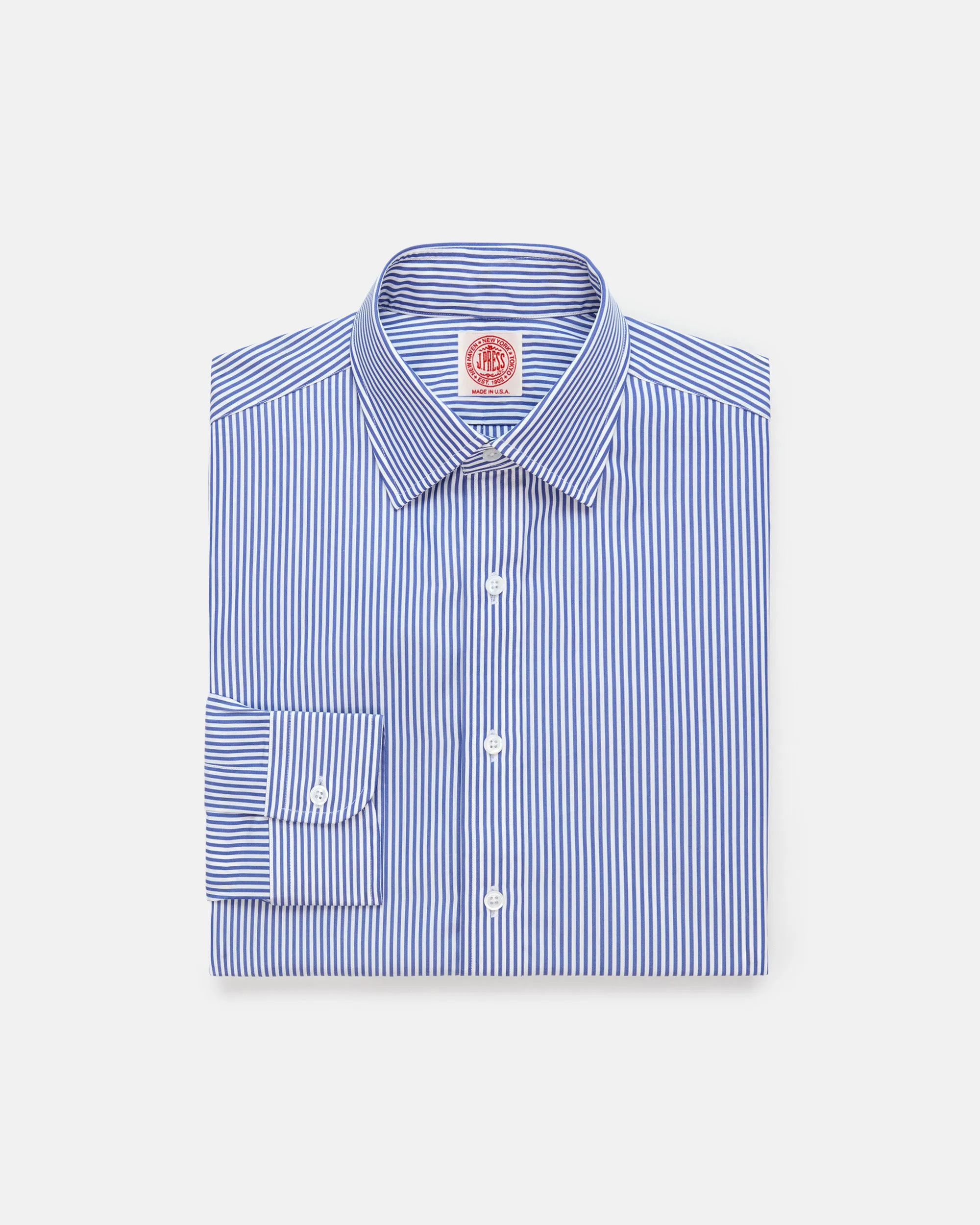 Made-in-USA Thomas Mason Navy Bengal Stripe Spread Collar Dress Shirt - Regular Fit Relaxed Look Neutral Colors