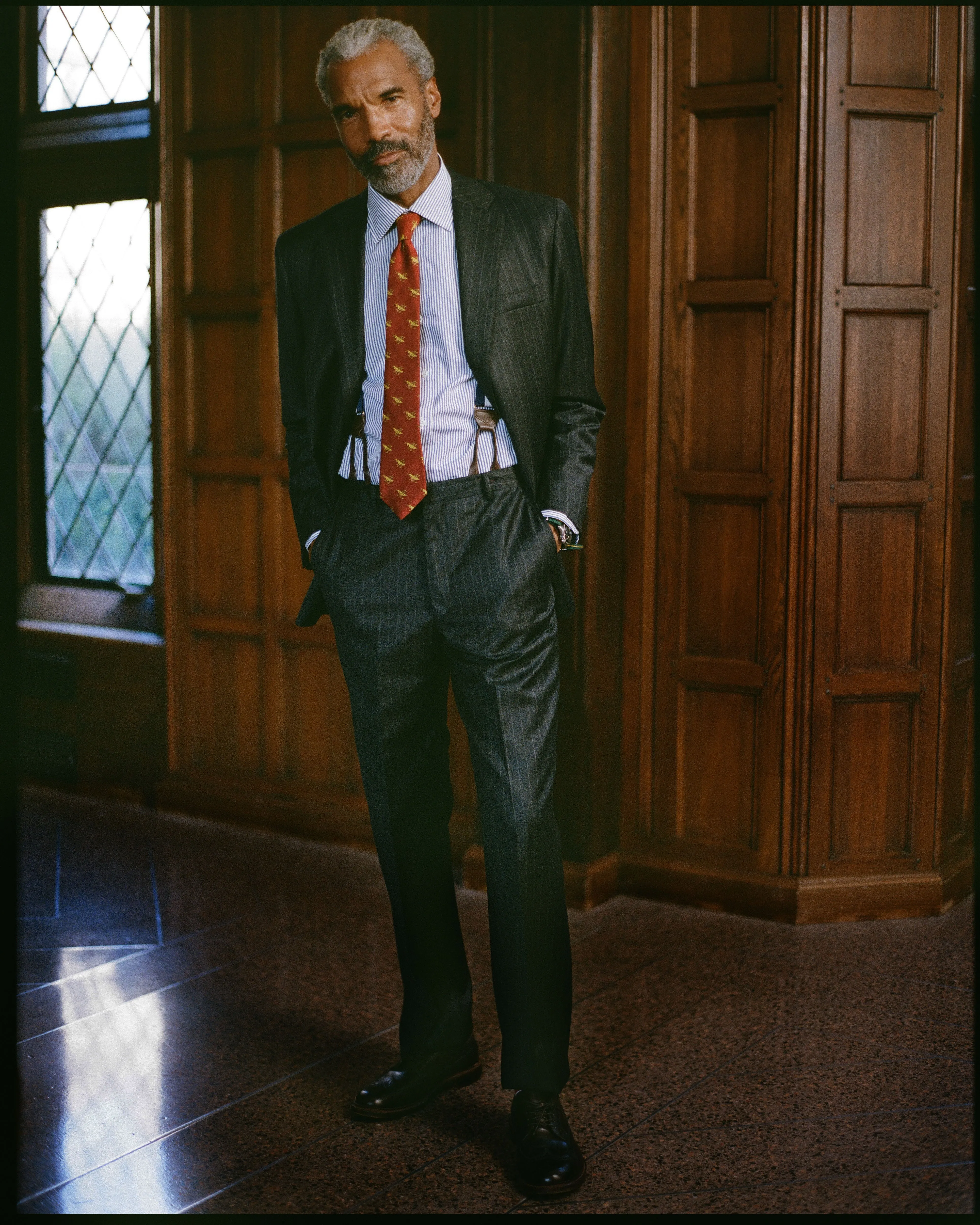 Made-in-USA Thomas Mason Navy Bengal Stripe Spread Collar Dress Shirt - Regular Fit Quick Dry Technology Luxurious Feel