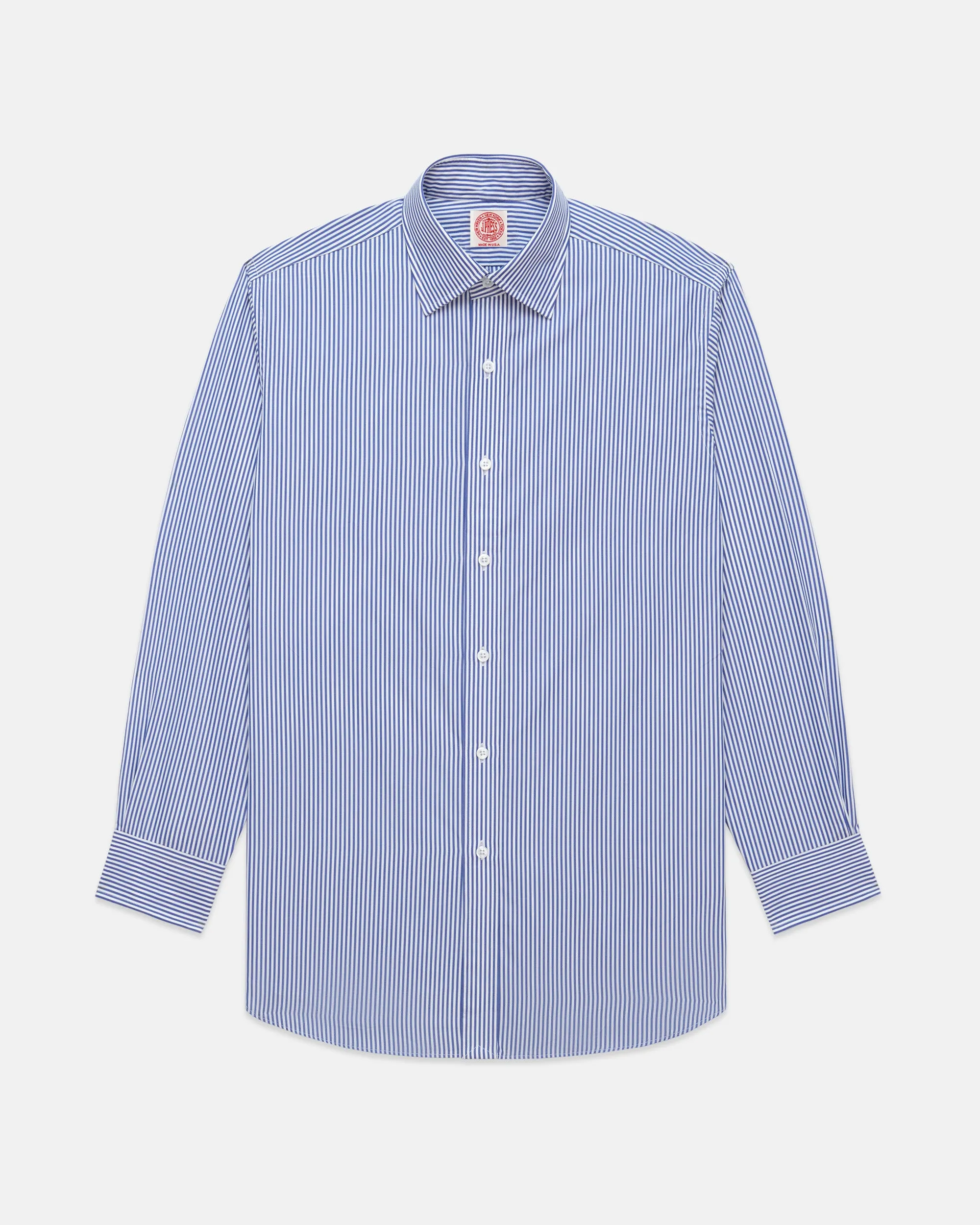 Resort Wear Summer Camp Made-in-USA Thomas Mason Navy Bengal Stripe Spread Collar Dress Shirt - Regular Fit