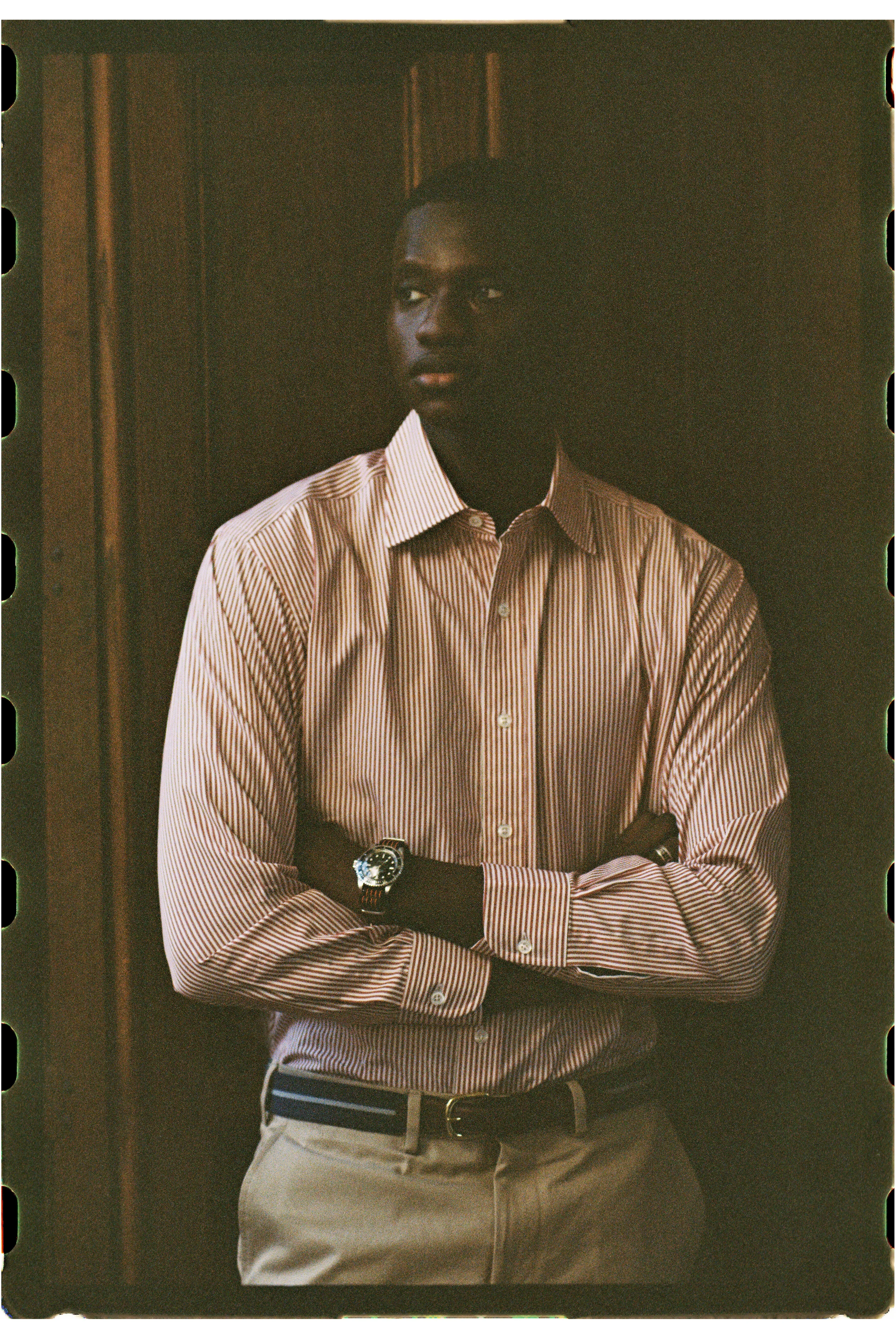 Nautical Look Made-in-USA Thomas Mason Red Bengal Stripe Spread Collar Dress Shirt - Regular Fit