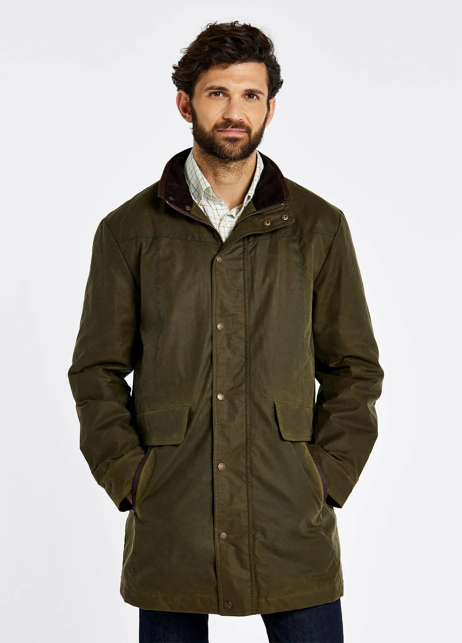 Stain Proof High Collar Windguard Chalkhill Men's Long Waxed Jacket - Fennel