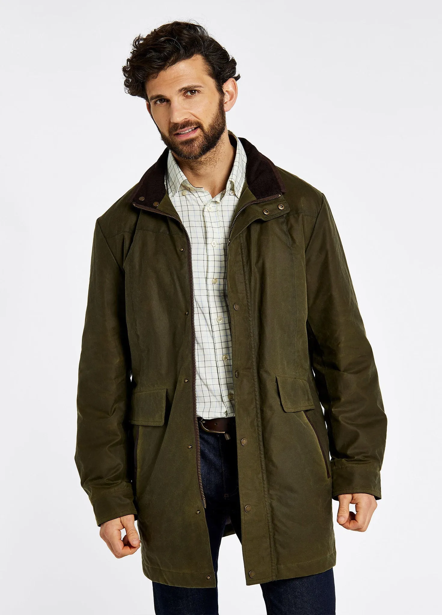 Flexible Waistband Chalkhill Men's Long Waxed Jacket - Fennel