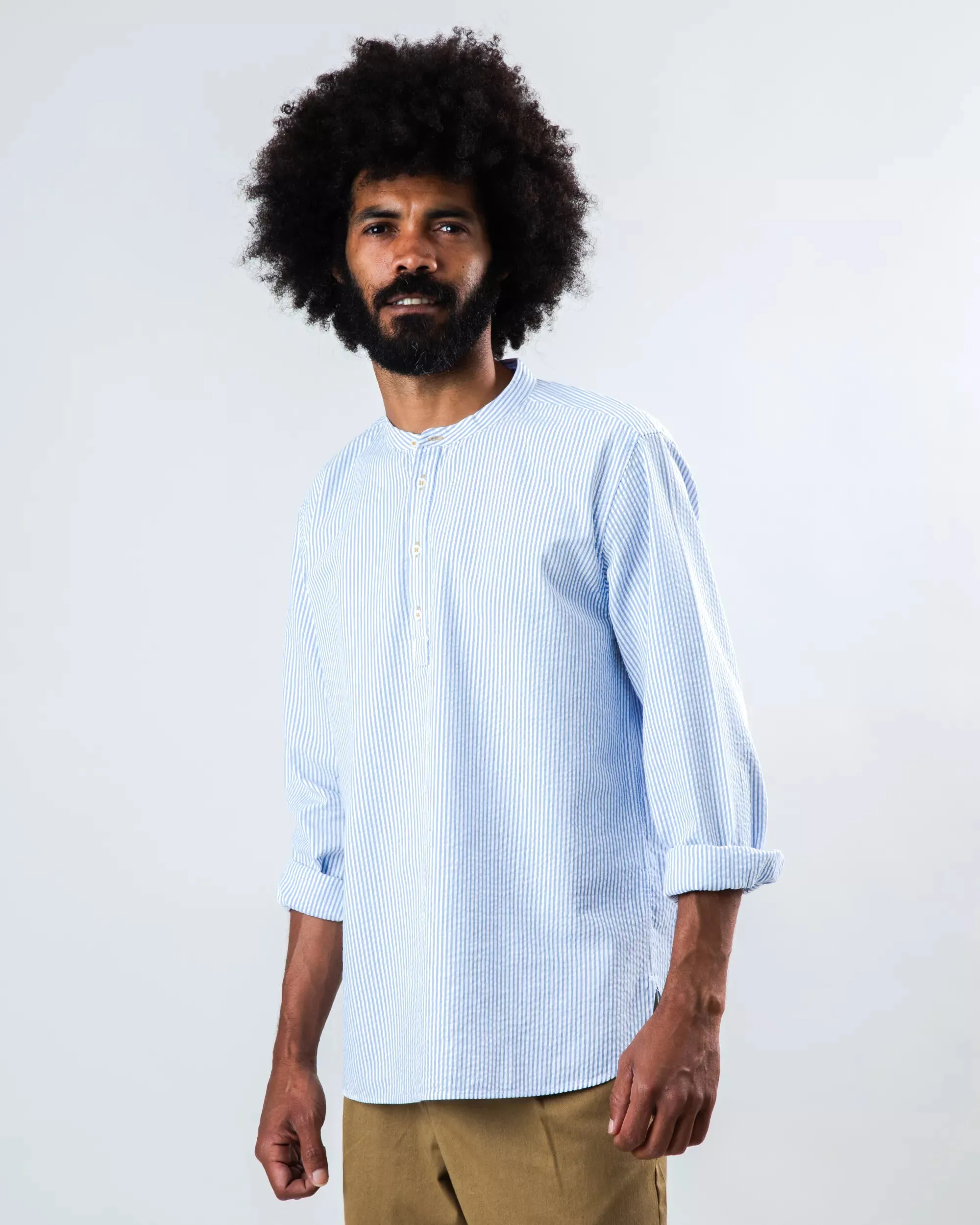 Seersucker Henley Shirt Blue Affordable Fashion Non Irritating Seams