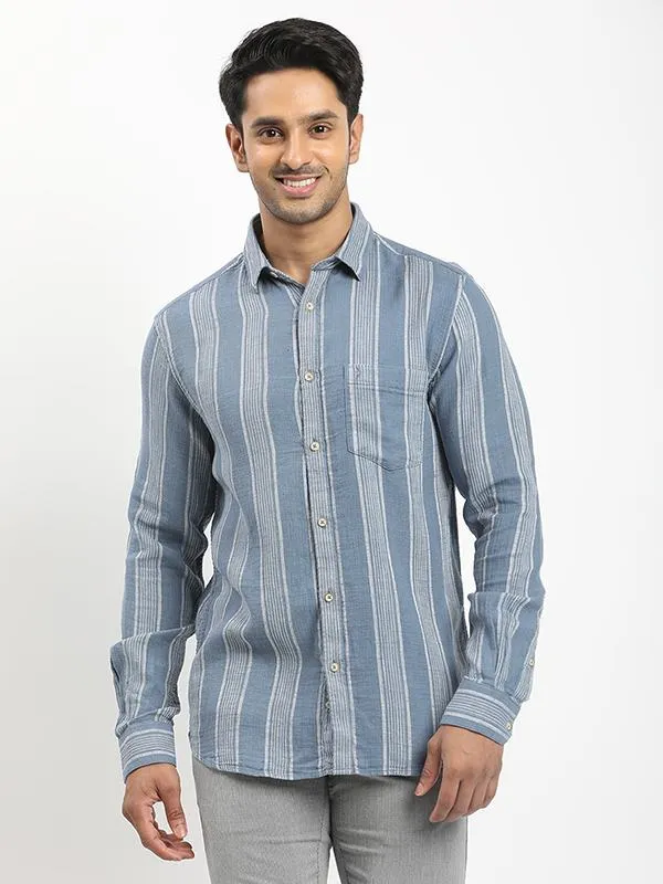 Men Striped Full Sleeve Cotton Shirt Simple Style Breathable mesh