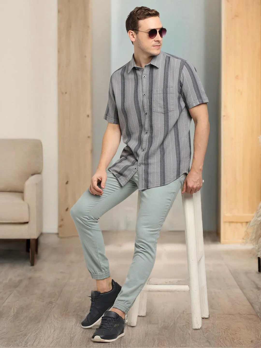 Eco Dye Technique All Purpose Weave Design Men Striped Half Sleeve Cotton Shirt