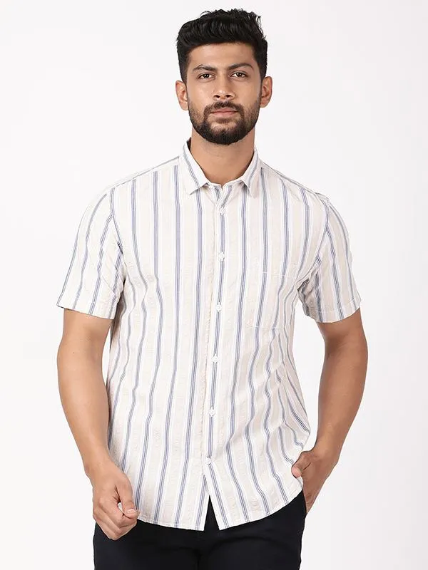 Reinforced Elasticity Men Striped Half Sleeve Cotton Shirt