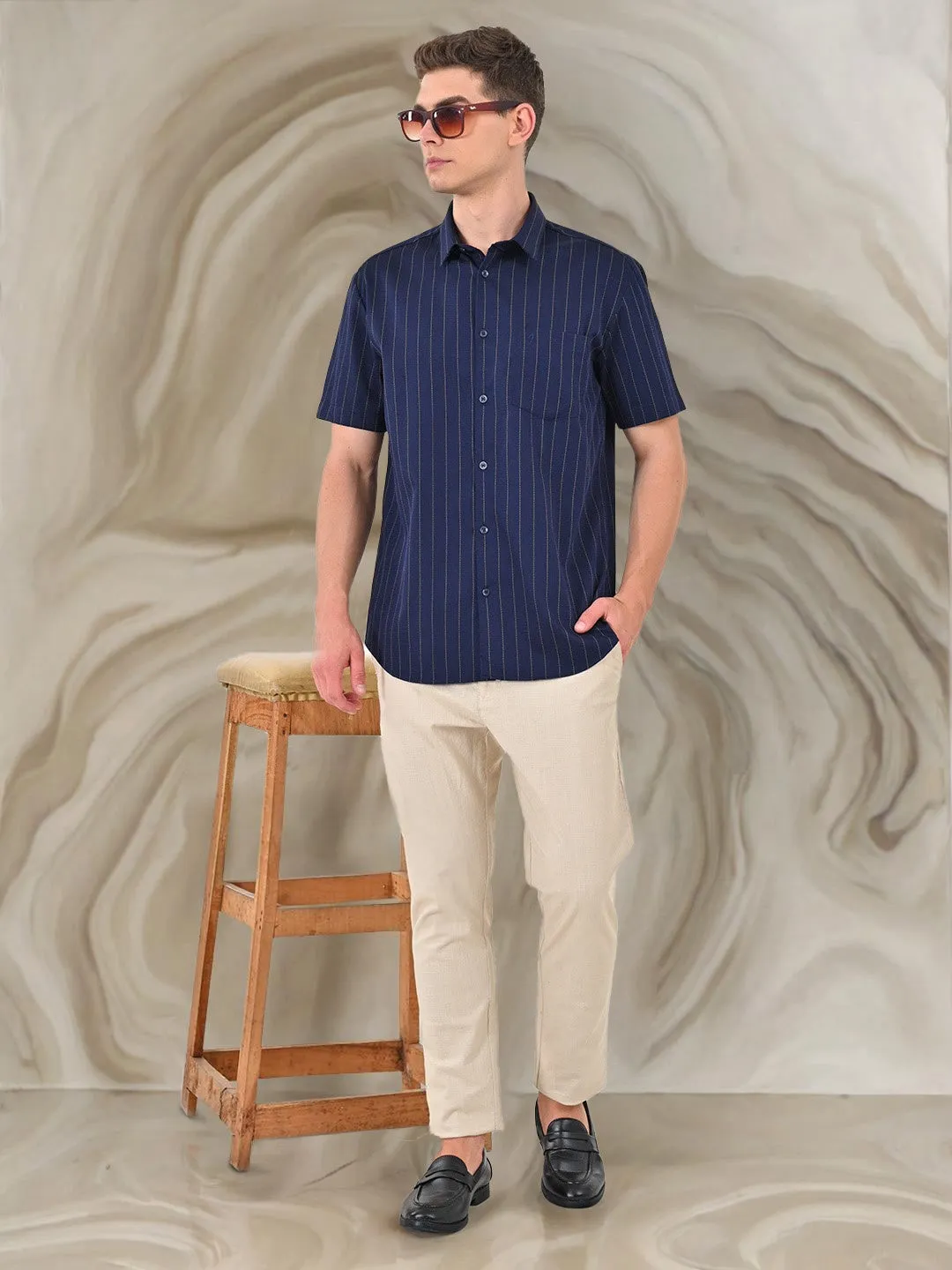 Polished Finish Men Striped Half Sleeve Cotton Shirt