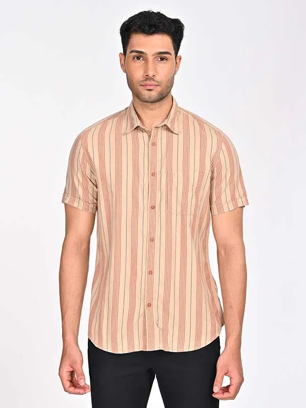 Micro Perforated Texture Men Striped Half Sleeve Cotton Shirt