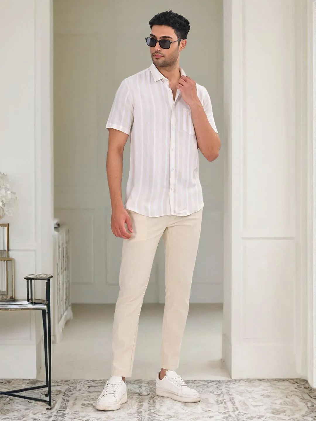 Men Striped Half Sleeve Viscose Blend Shirt Seamless Sides