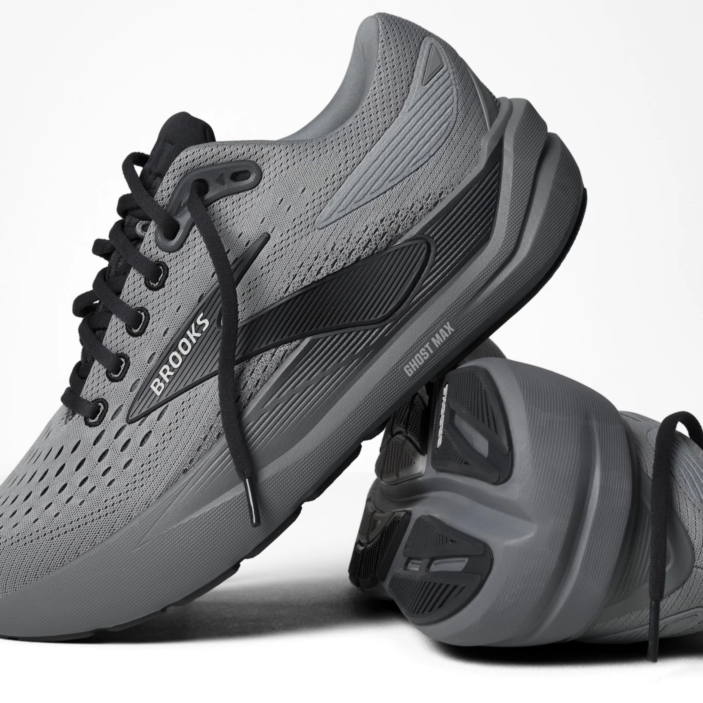 Men's Brooks Ghost Max 3 Road Running Shoe in Primer Grey/Ebony Lace Lock System Flex Zone Engineering