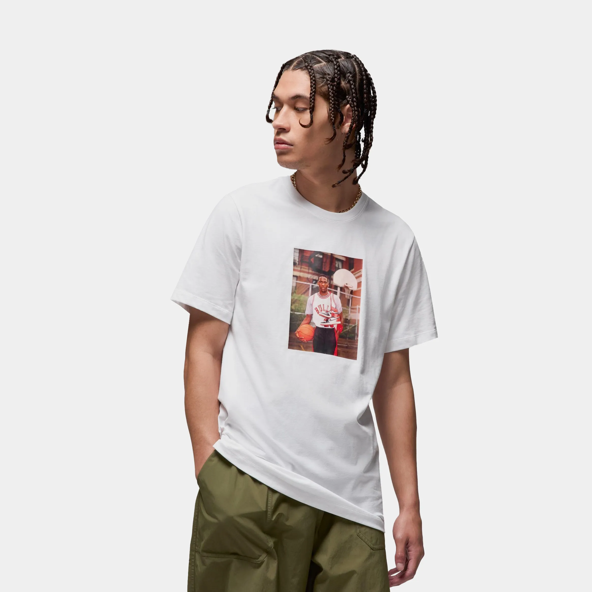 Michael Jordan Brand Photo Mens Short Sleeve Shirt (White/Black) Tear Resistant