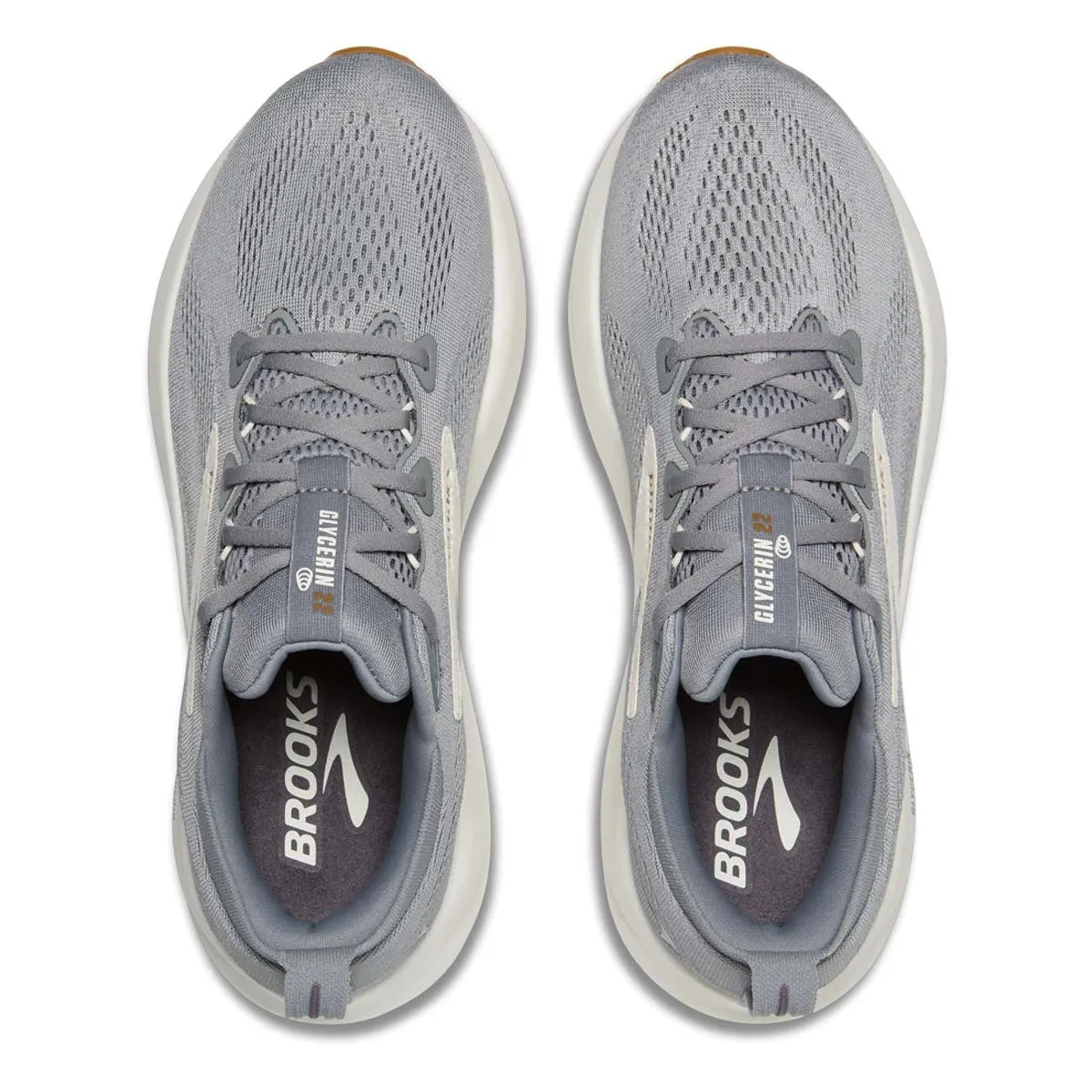 Men's Brooks Glycerin 22 Road Running Shoe in Primer Gray/Gray/Honey Ginger Gradual Heel Bevel Asymmetric Ankle Support