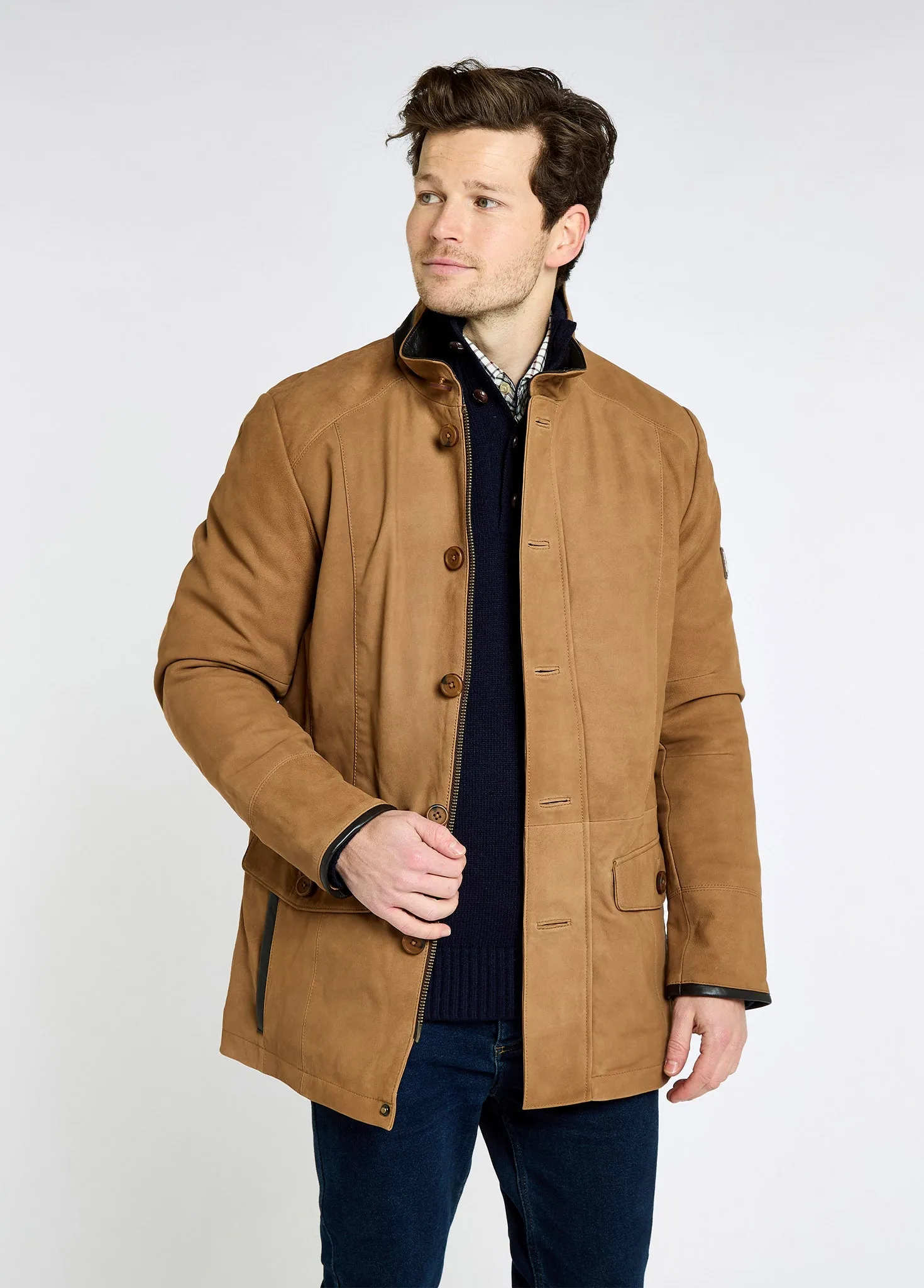 Moore Leather Jacket - Tan Elastic Hem Adjustment Ethical Manufacturing