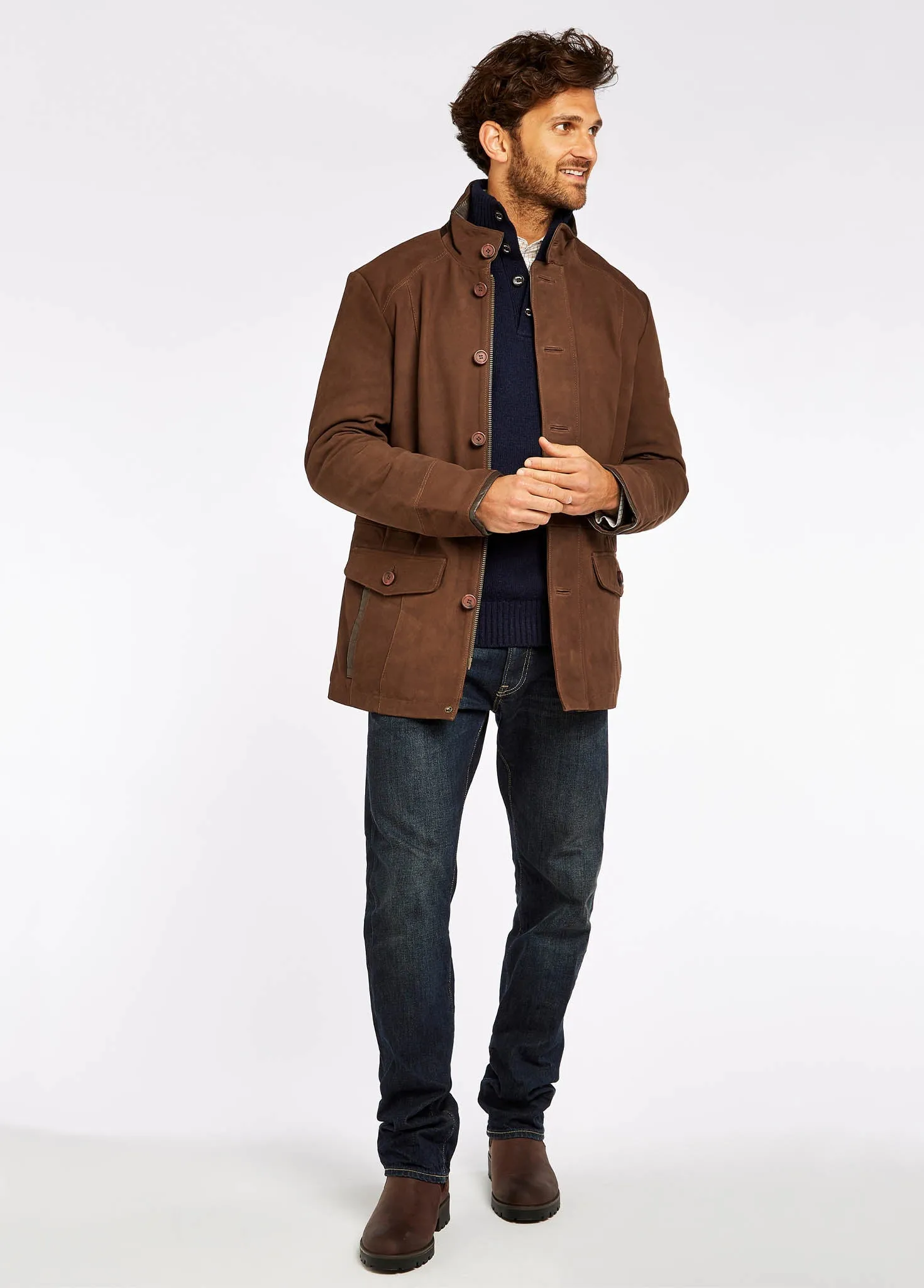 Moore Leather Jacket - Walnut Reinforced Shoulder Panels FleeceLined