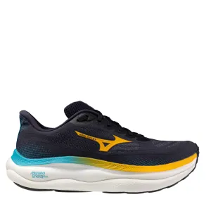 Flexible Outsole Grooves Mizuno Men's Wave Sky 9 Running Shoes in Baritone Blue/Citrus/Capri Breeze AW25