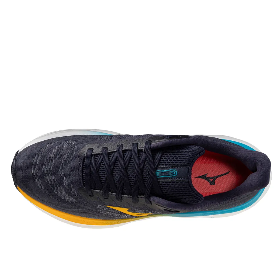 Mizuno Men's Wave Sky 9 Running Shoes in Baritone Blue/Citrus/Capri Breeze AW25 stripe - pattern shoes Soft surface running